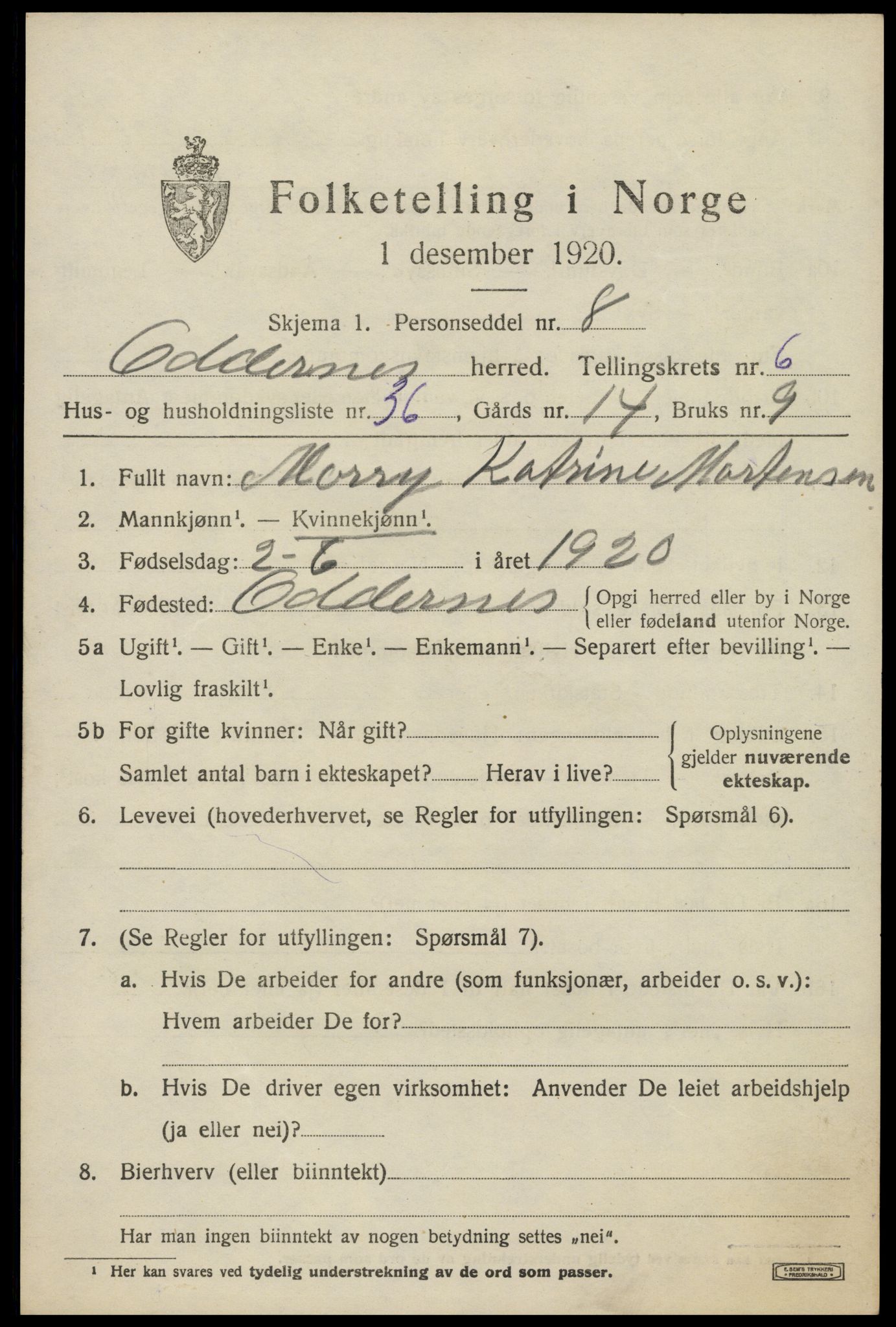 SAK, 1920 census for Oddernes, 1920, p. 5385