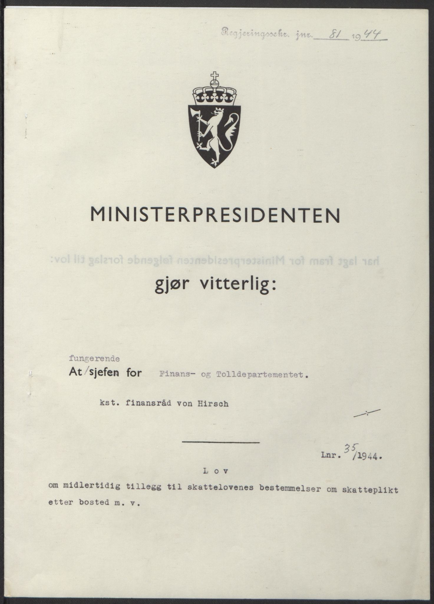 NS-administrasjonen 1940-1945 (Statsrådsekretariatet, de kommisariske statsråder mm), RA/S-4279/D/Db/L0100: Lover, 1944, p. 173