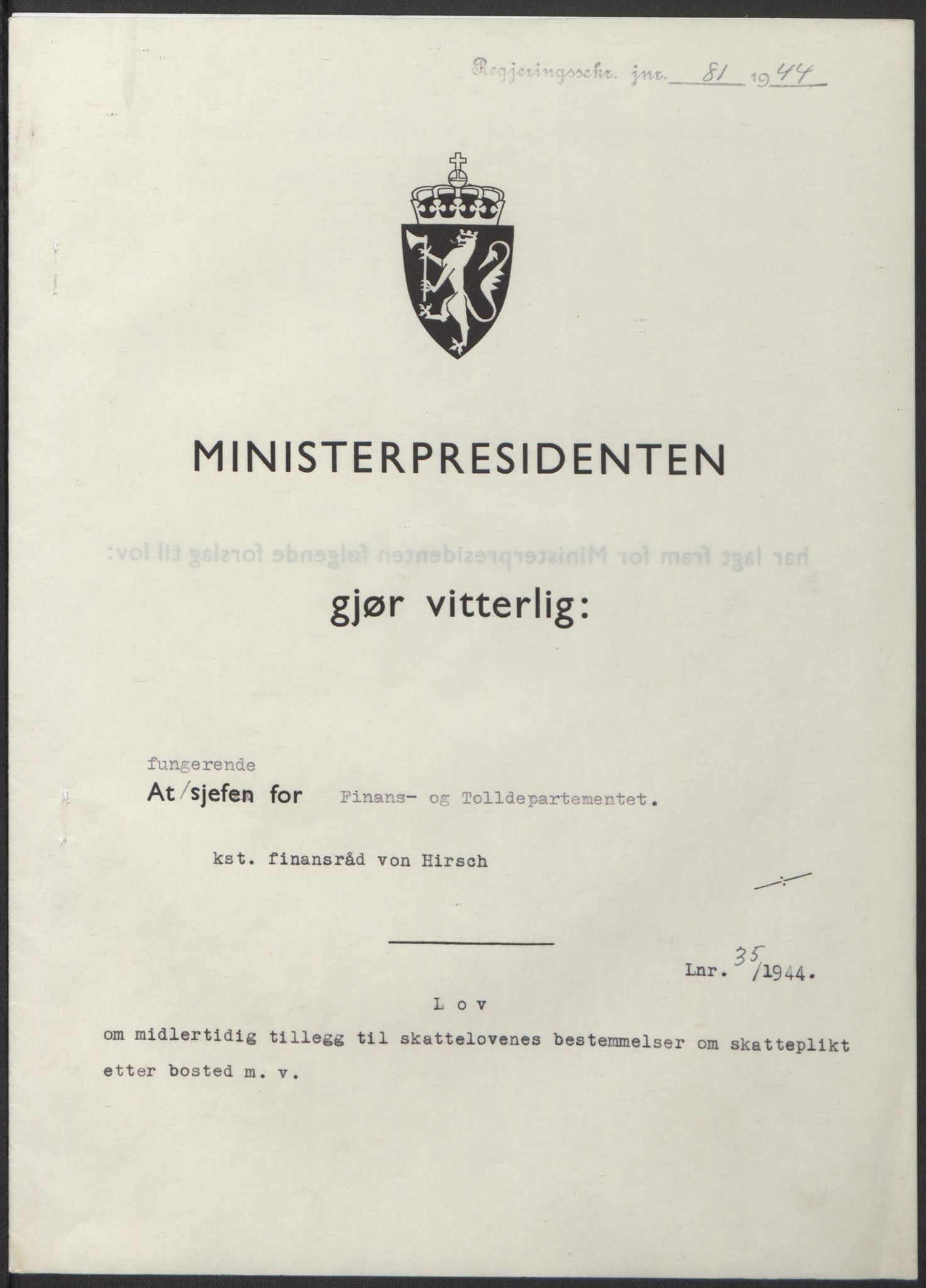 NS-administrasjonen 1940-1945 (Statsrådsekretariatet, de kommisariske statsråder mm), AV/RA-S-4279/D/Db/L0100: Lover, 1944, p. 173