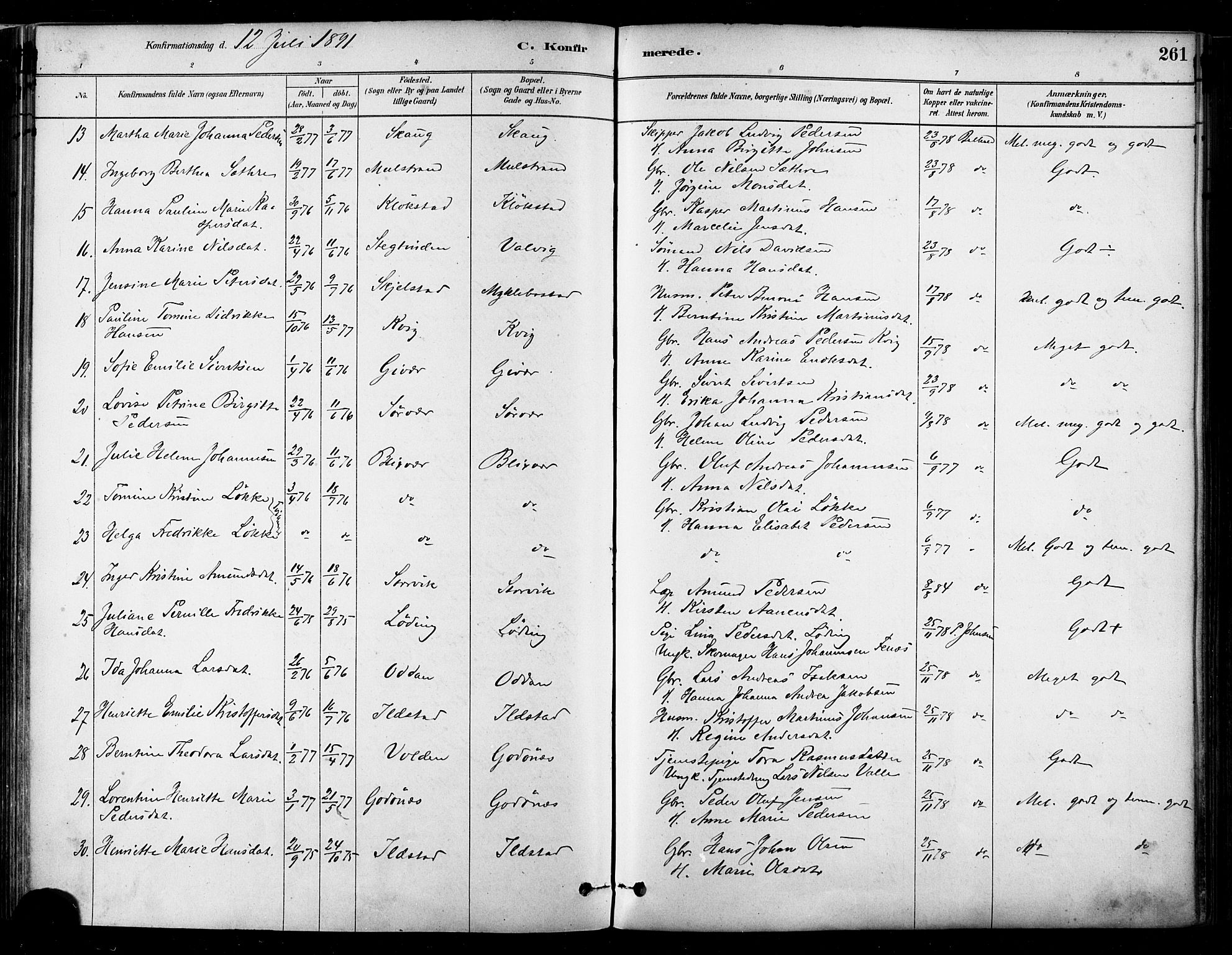 Ministerialprotokoller, klokkerbøker og fødselsregistre - Nordland, AV/SAT-A-1459/802/L0054: Parish register (official) no. 802A01, 1879-1893, p. 261