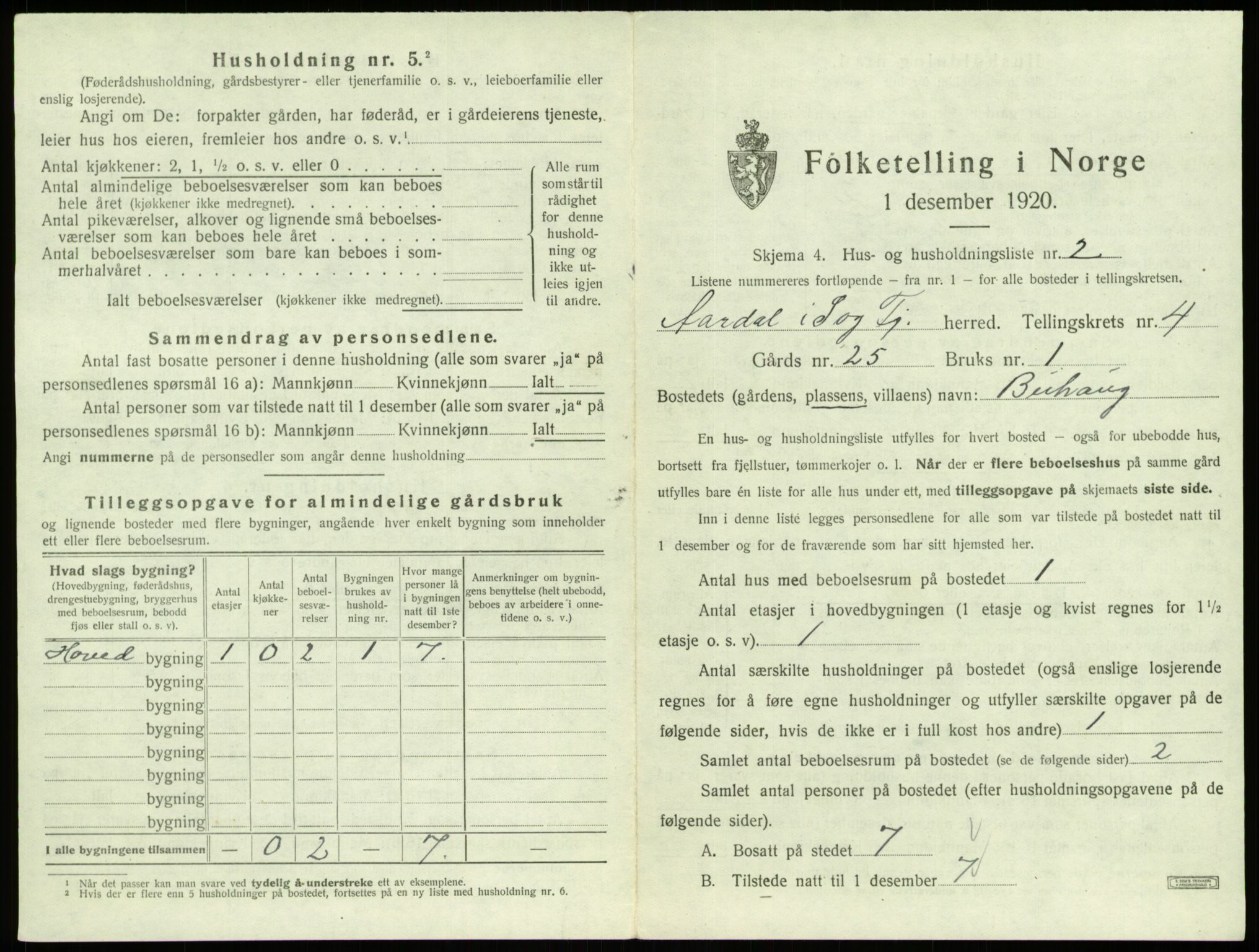 SAB, 1920 census for Årdal, 1920, p. 341