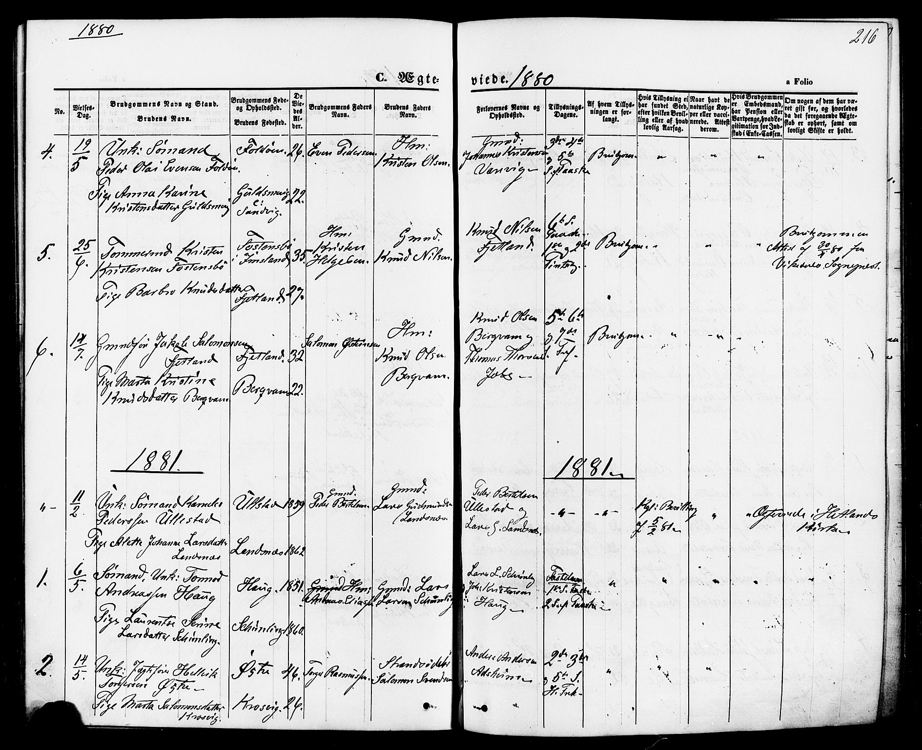 Jelsa sokneprestkontor, SAST/A-101842/01/IV: Parish register (official) no. A 8, 1867-1883, p. 216