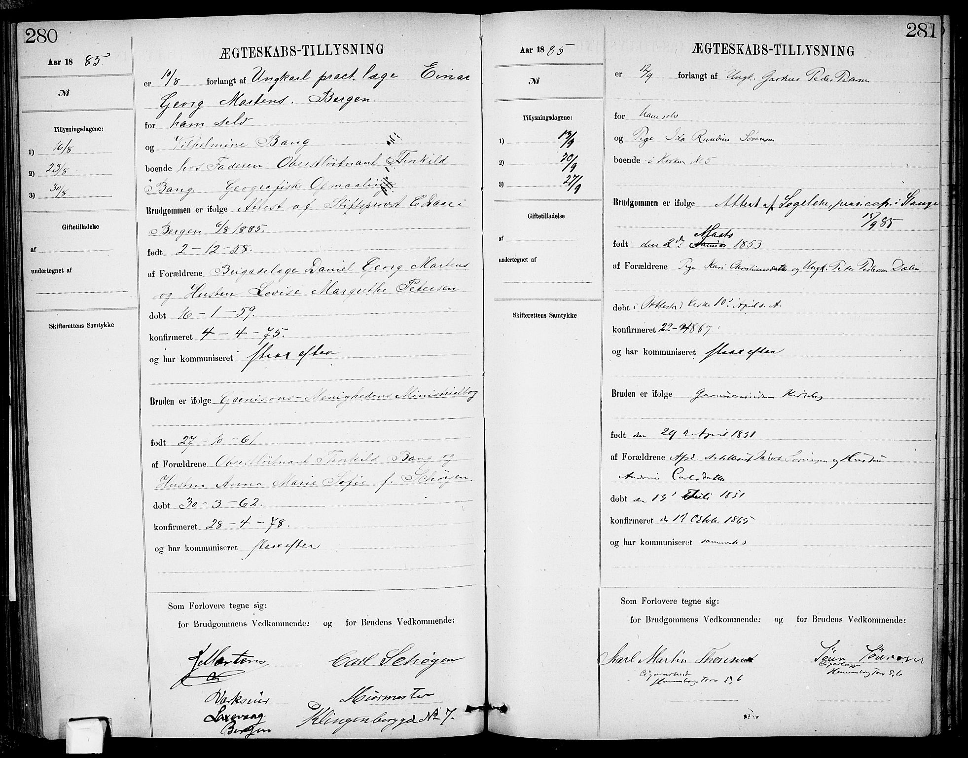 Garnisonsmenigheten Kirkebøker, AV/SAO-A-10846/H/Ha/L0007: Banns register no. I 7, 1872-1893, p. 280-281