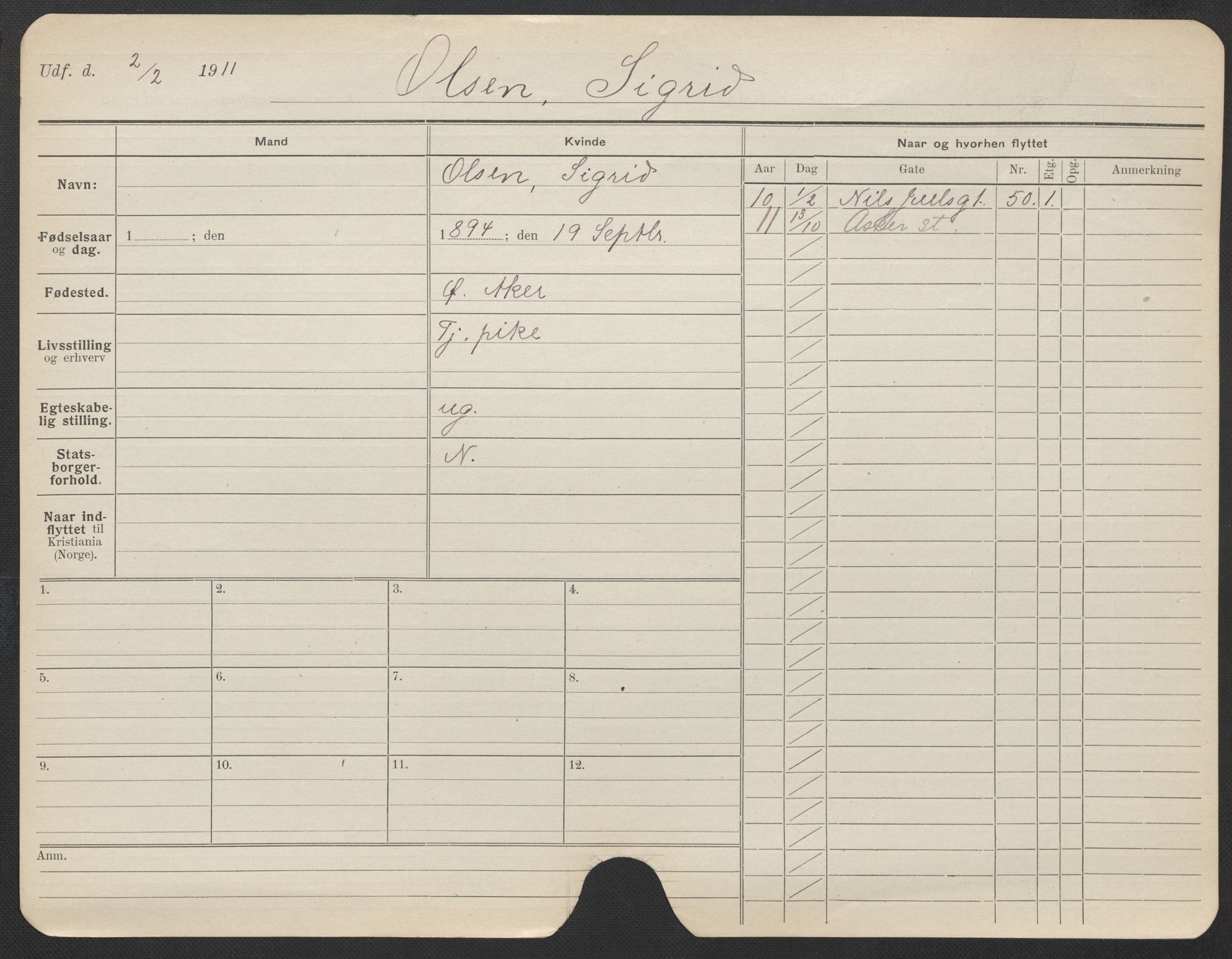 Oslo folkeregister, Registerkort, AV/SAO-A-11715/F/Fa/Fac/L0022: Kvinner, 1906-1914, p. 350a