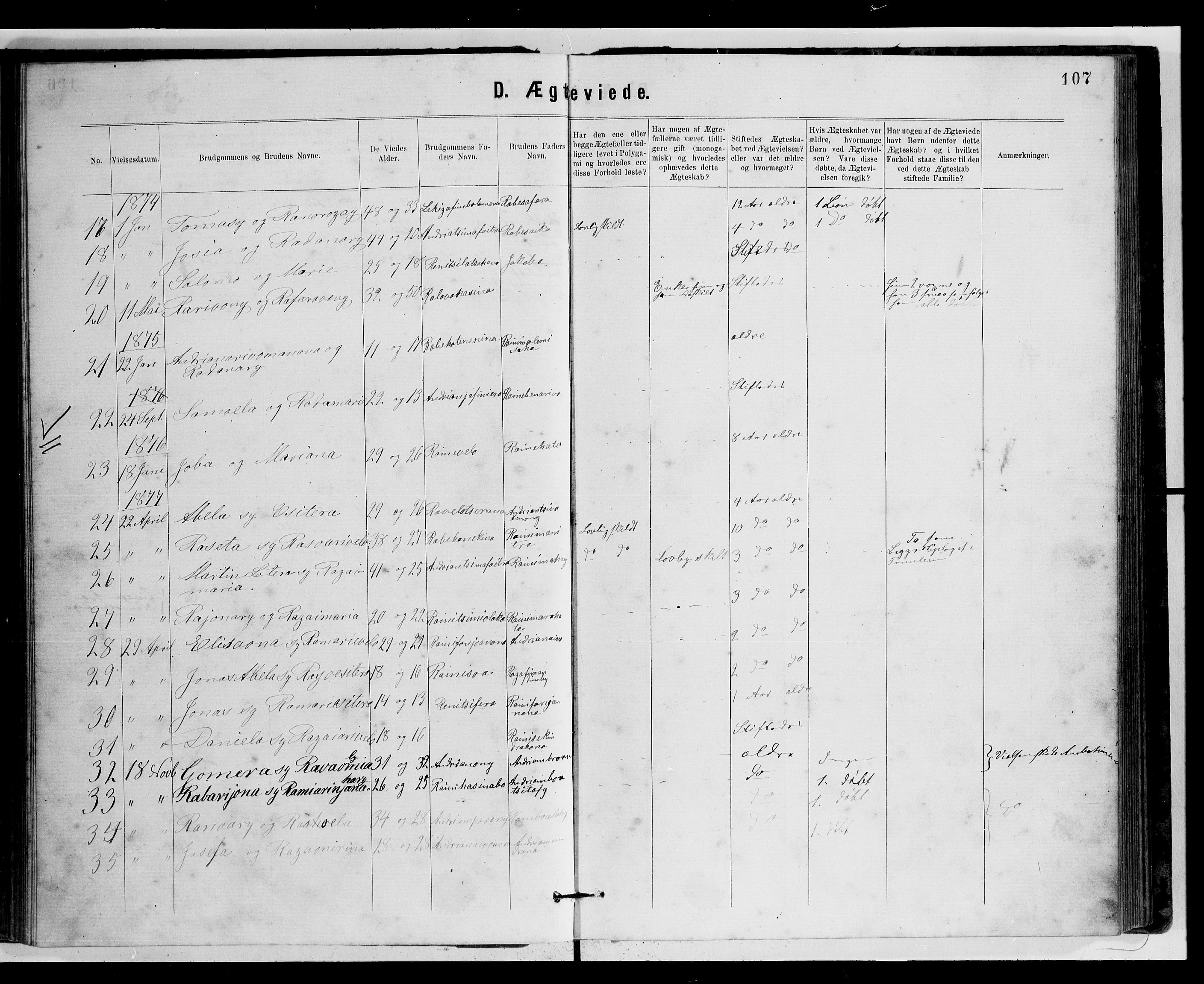 Archives FLM/NMS, Madagaskar, VID/MA-A-1163/D/Db/L0269: Parish register (official) no. 1, 1867-1884, p. 107