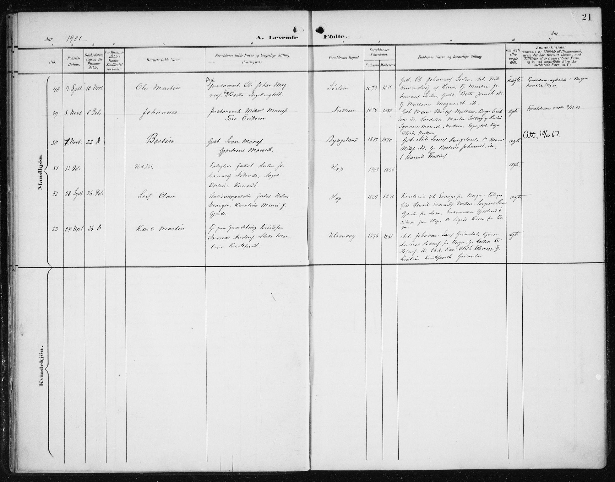 Fana Sokneprestembete, SAB/A-75101/H/Haa/Haai/L0003: Parish register (official) no. I 3, 1900-1912, p. 21