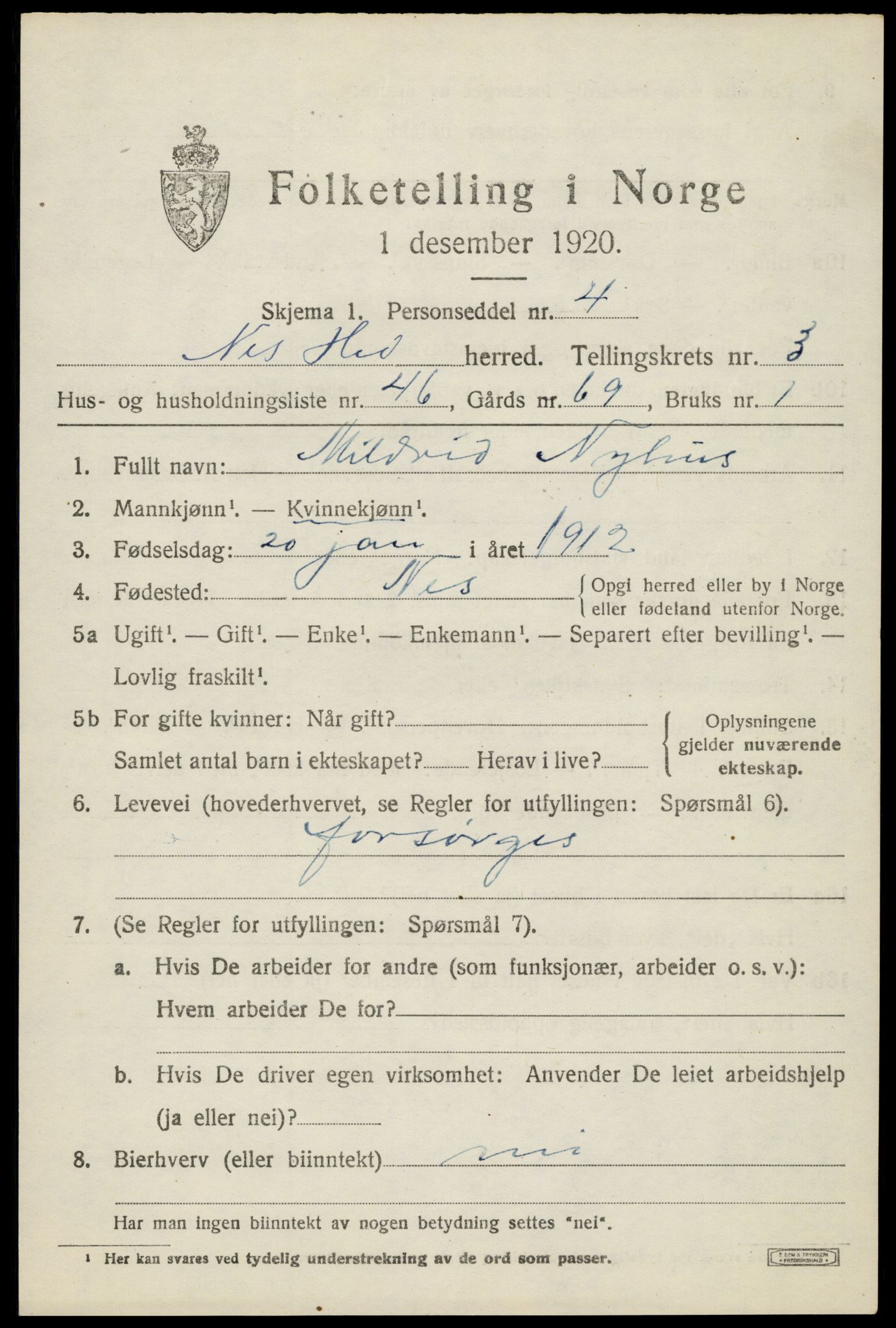 SAH, 1920 census for Nes (Hedmark), 1920, p. 5076