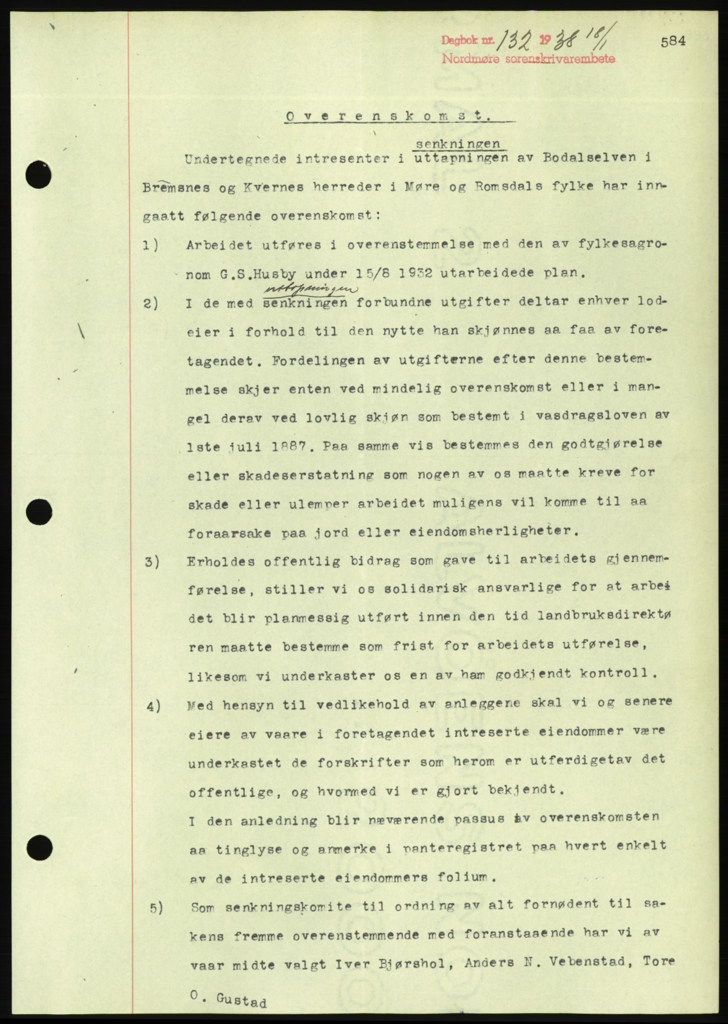 Nordmøre sorenskriveri, AV/SAT-A-4132/1/2/2Ca/L0092: Mortgage book no. B82, 1937-1938, Diary no: : 132/1938