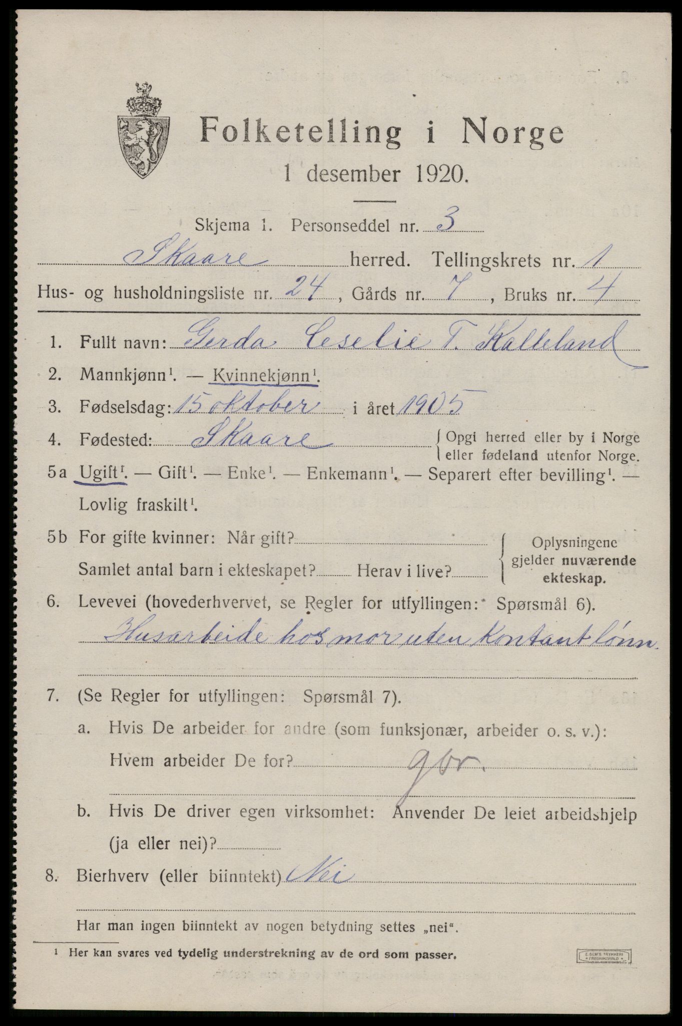 SAST, 1920 census for Skåre, 1920, p. 1266