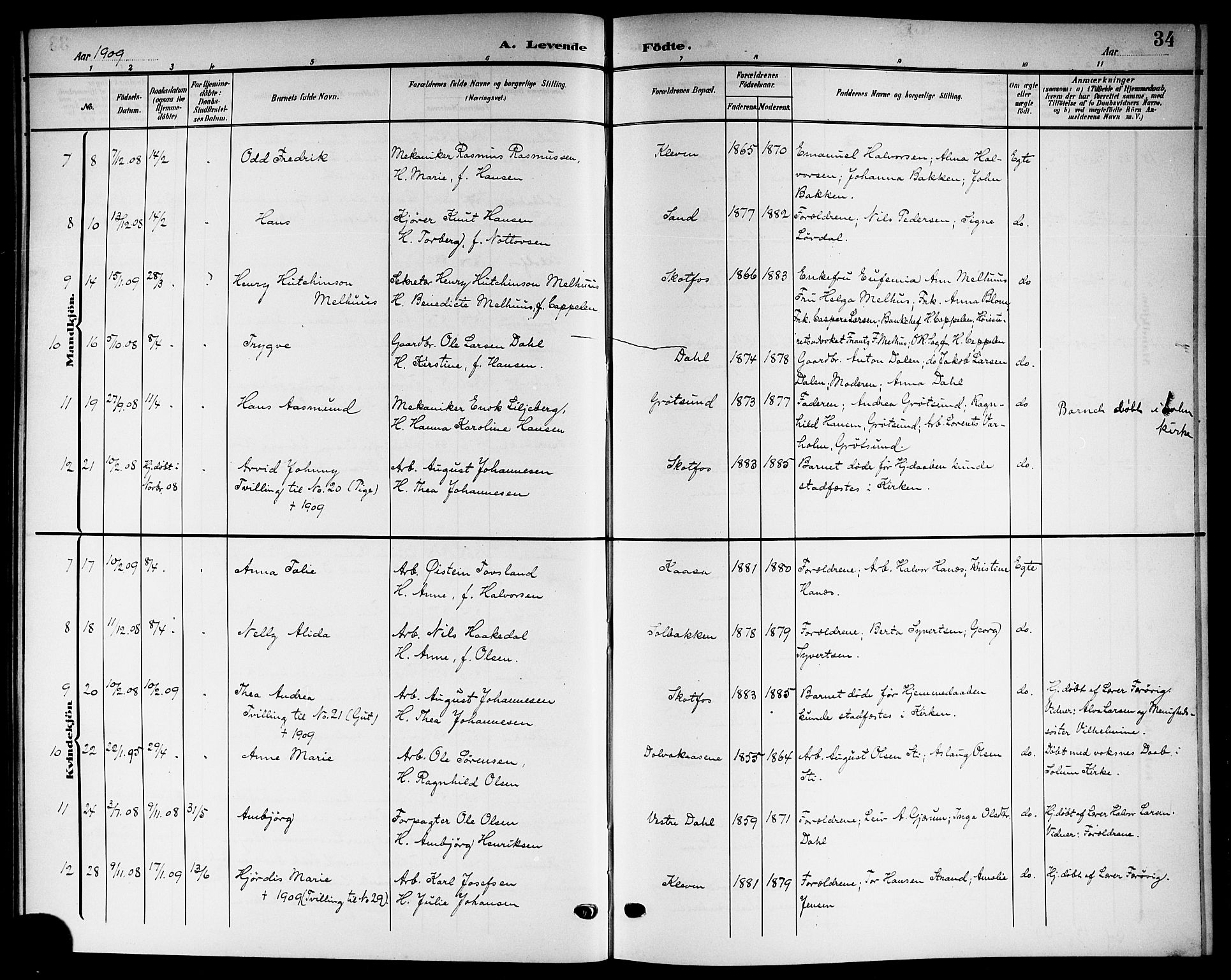 Solum kirkebøker, SAKO/A-306/G/Gb/L0005: Parish register (copy) no. II 5, 1905-1914, p. 34