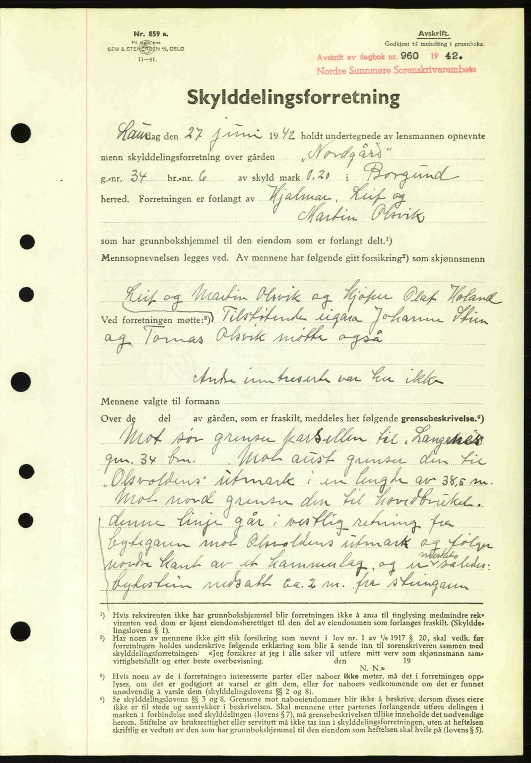 Nordre Sunnmøre sorenskriveri, AV/SAT-A-0006/1/2/2C/2Ca: Mortgage book no. A13, 1942-1942, Diary no: : 960/1942