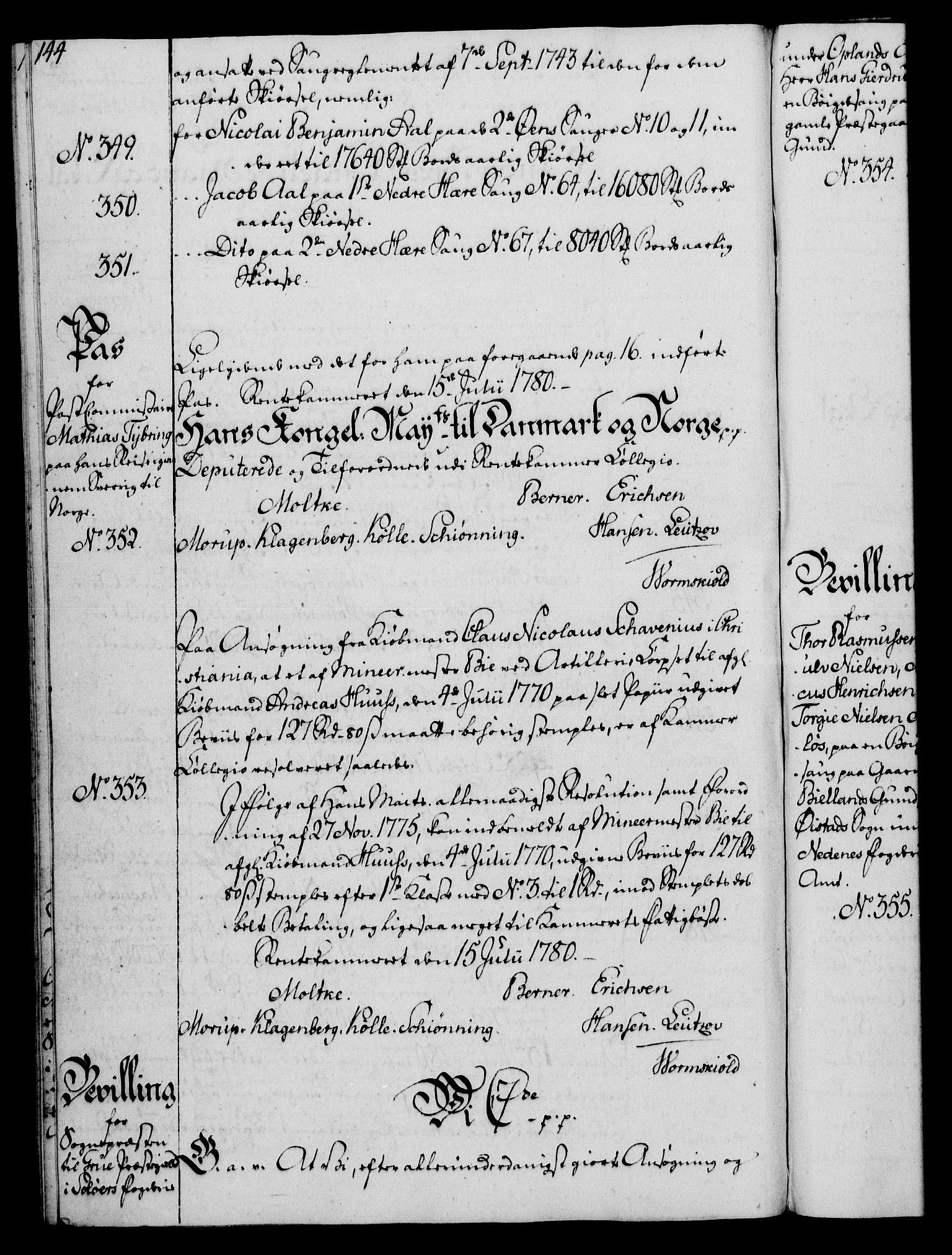 Rentekammeret, Kammerkanselliet, AV/RA-EA-3111/G/Gg/Gga/L0011: Norsk ekspedisjonsprotokoll med register (merket RK 53.11), 1779-1781, p. 144