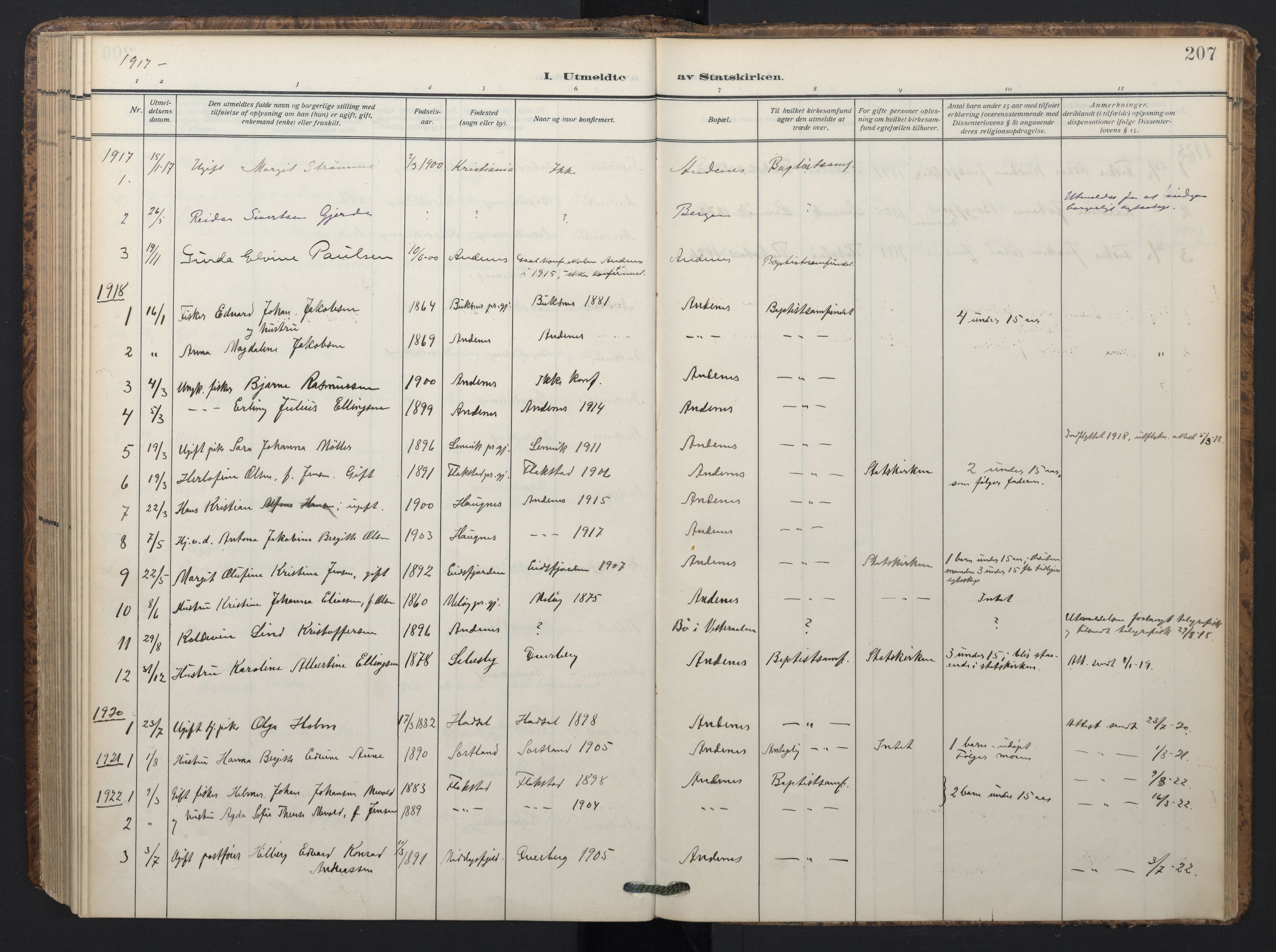 Ministerialprotokoller, klokkerbøker og fødselsregistre - Nordland, SAT/A-1459/899/L1438: Parish register (official) no. 899A06, 1909-1922, p. 207