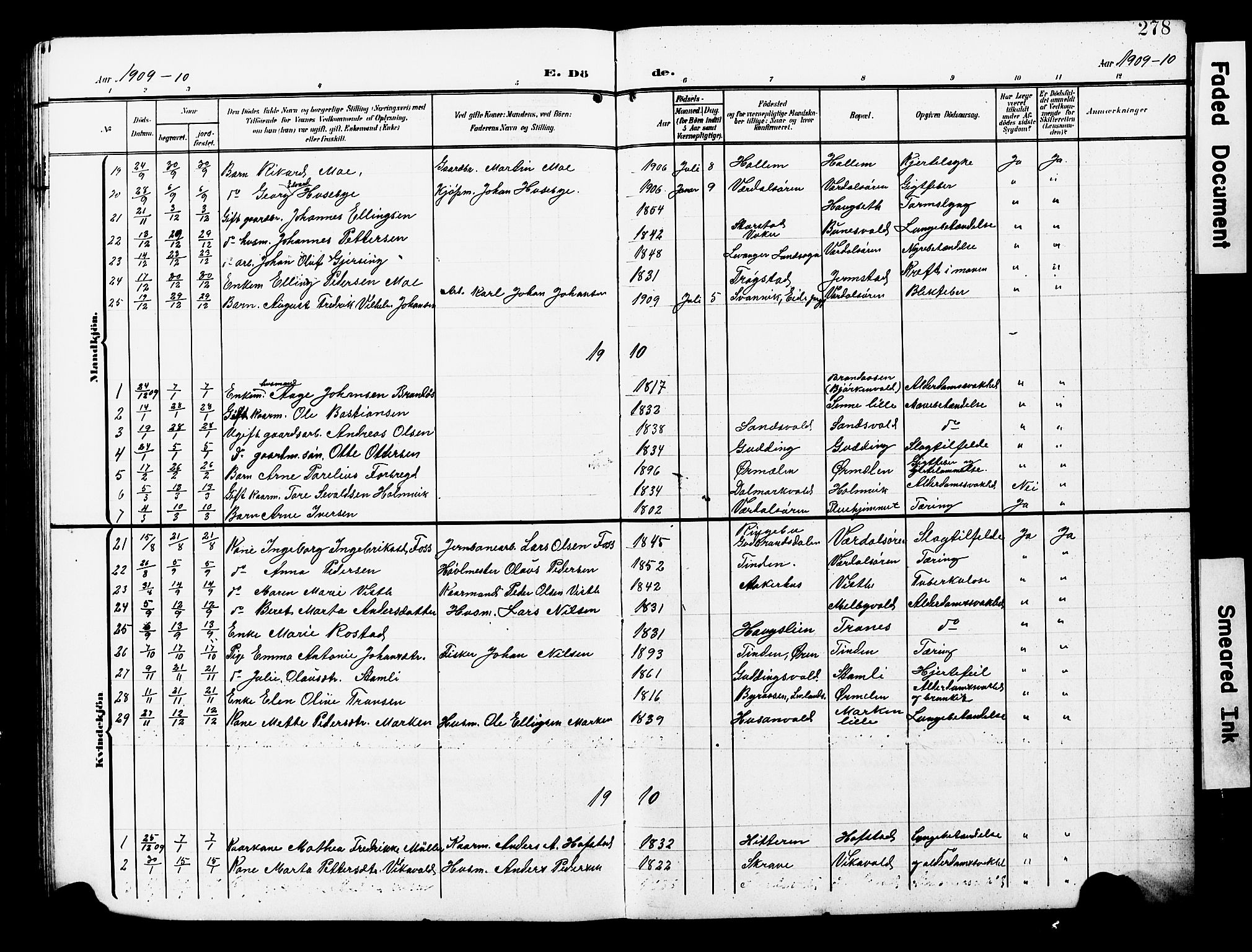 Ministerialprotokoller, klokkerbøker og fødselsregistre - Nord-Trøndelag, AV/SAT-A-1458/723/L0258: Parish register (copy) no. 723C06, 1908-1927, p. 278
