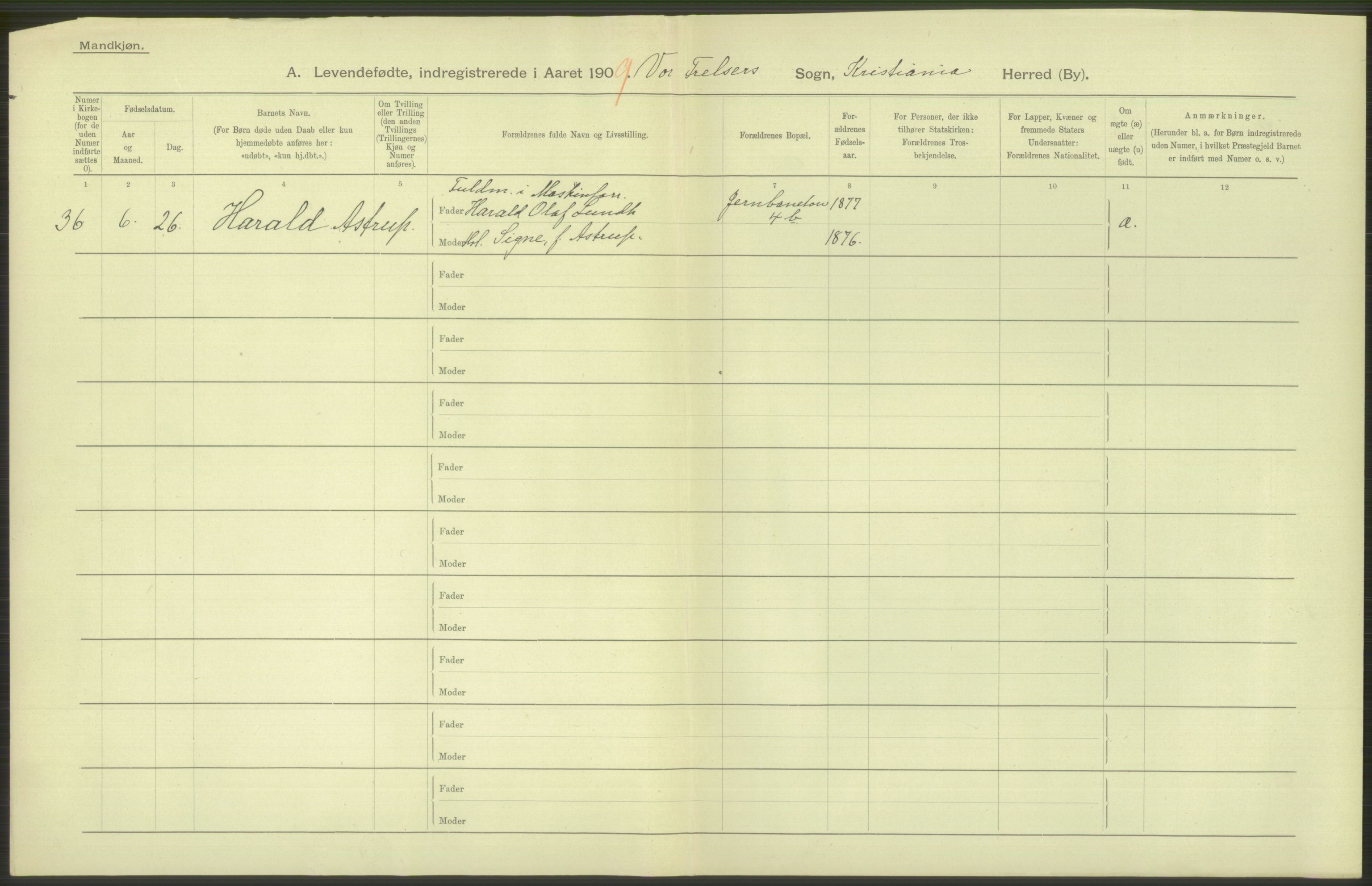 Statistisk sentralbyrå, Sosiodemografiske emner, Befolkning, AV/RA-S-2228/D/Df/Dfa/Dfag/L0007: Kristiania: Levendefødte menn og kvinner., 1909, p. 110