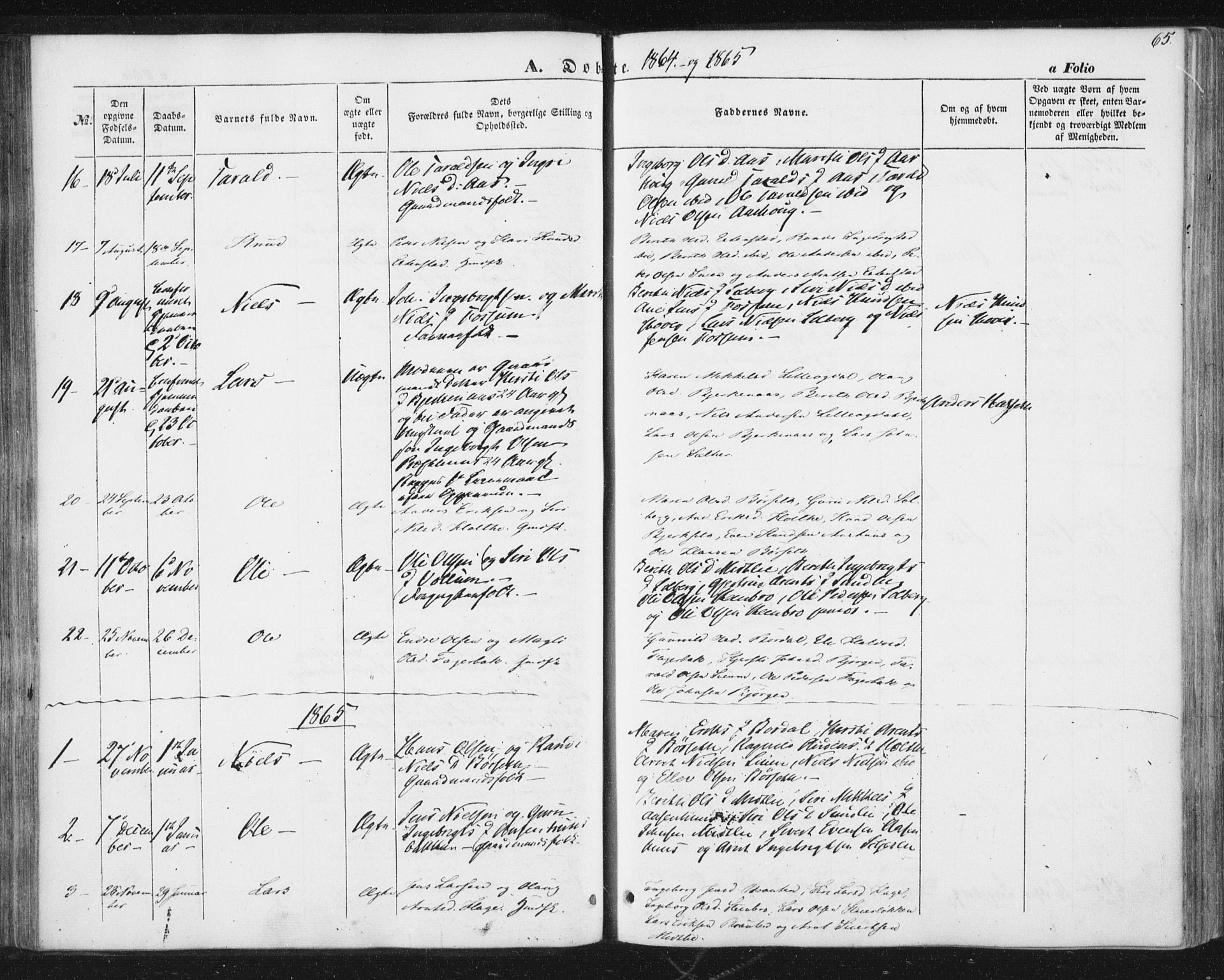 Ministerialprotokoller, klokkerbøker og fødselsregistre - Sør-Trøndelag, SAT/A-1456/689/L1038: Parish register (official) no. 689A03, 1848-1872, p. 65