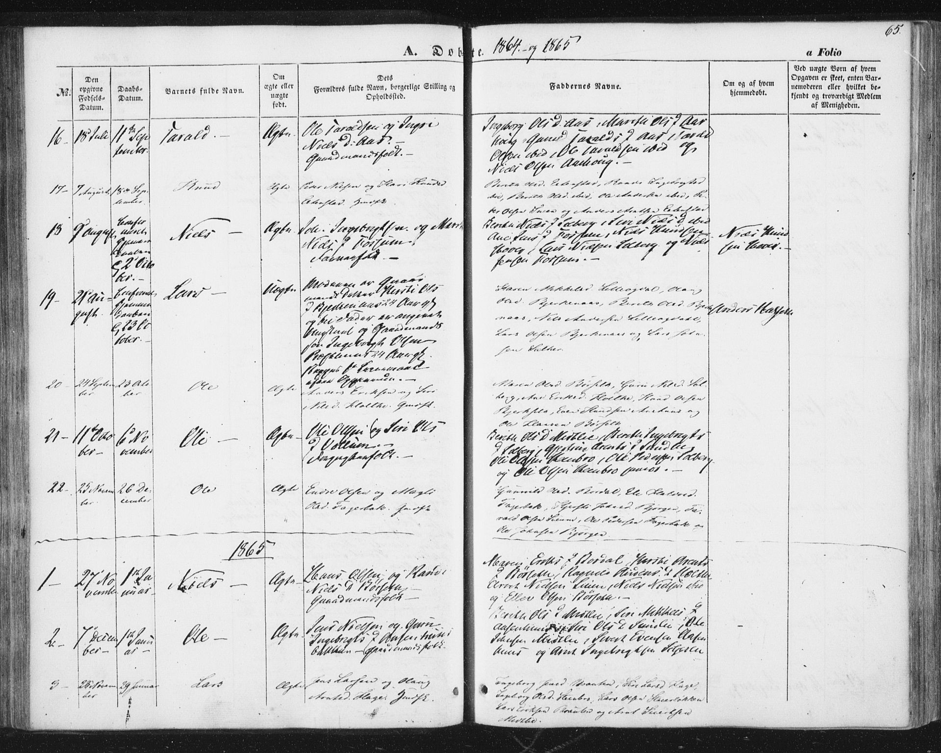 Ministerialprotokoller, klokkerbøker og fødselsregistre - Sør-Trøndelag, AV/SAT-A-1456/689/L1038: Parish register (official) no. 689A03, 1848-1872, p. 65