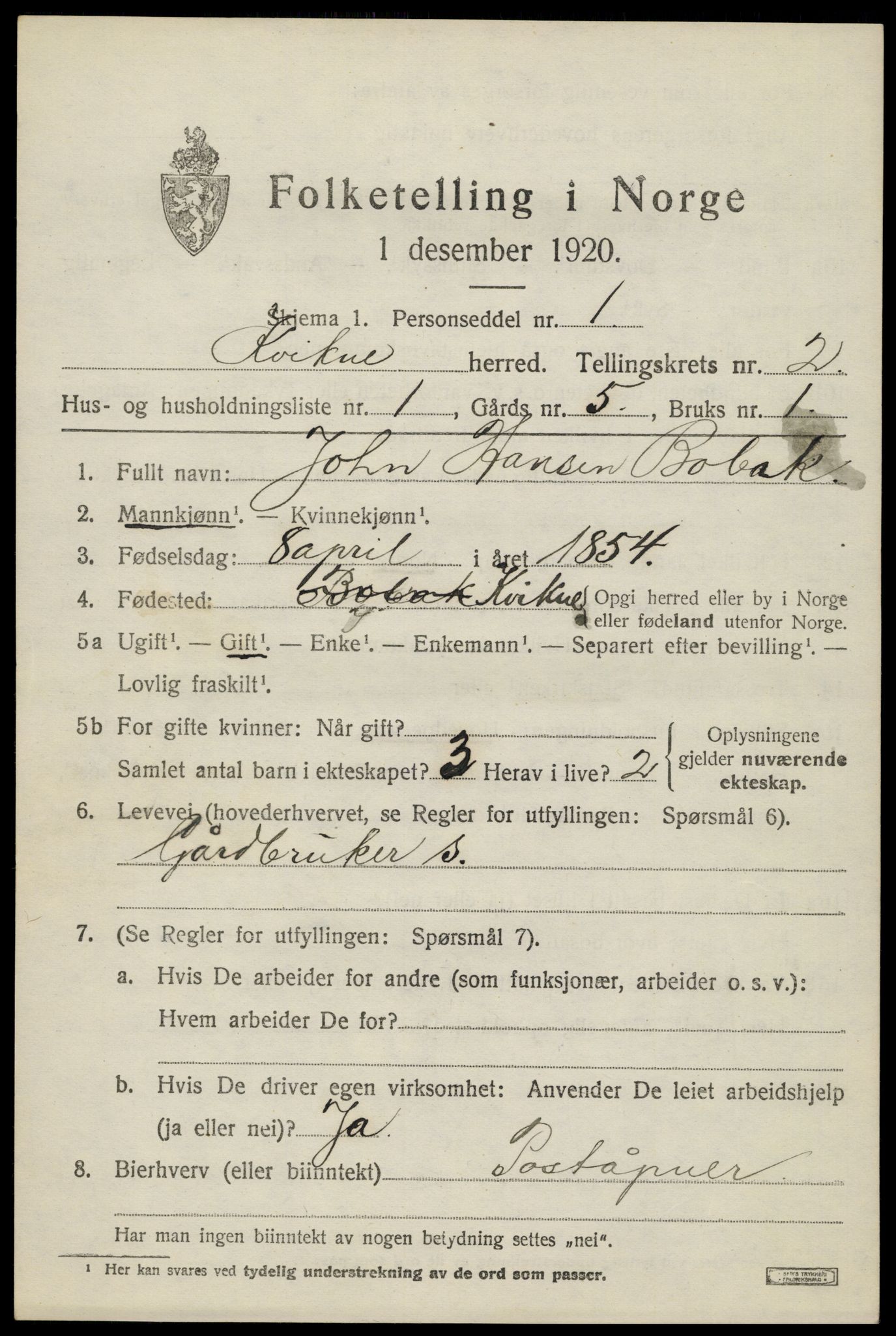 SAH, 1920 census for Kvikne, 1920, p. 968