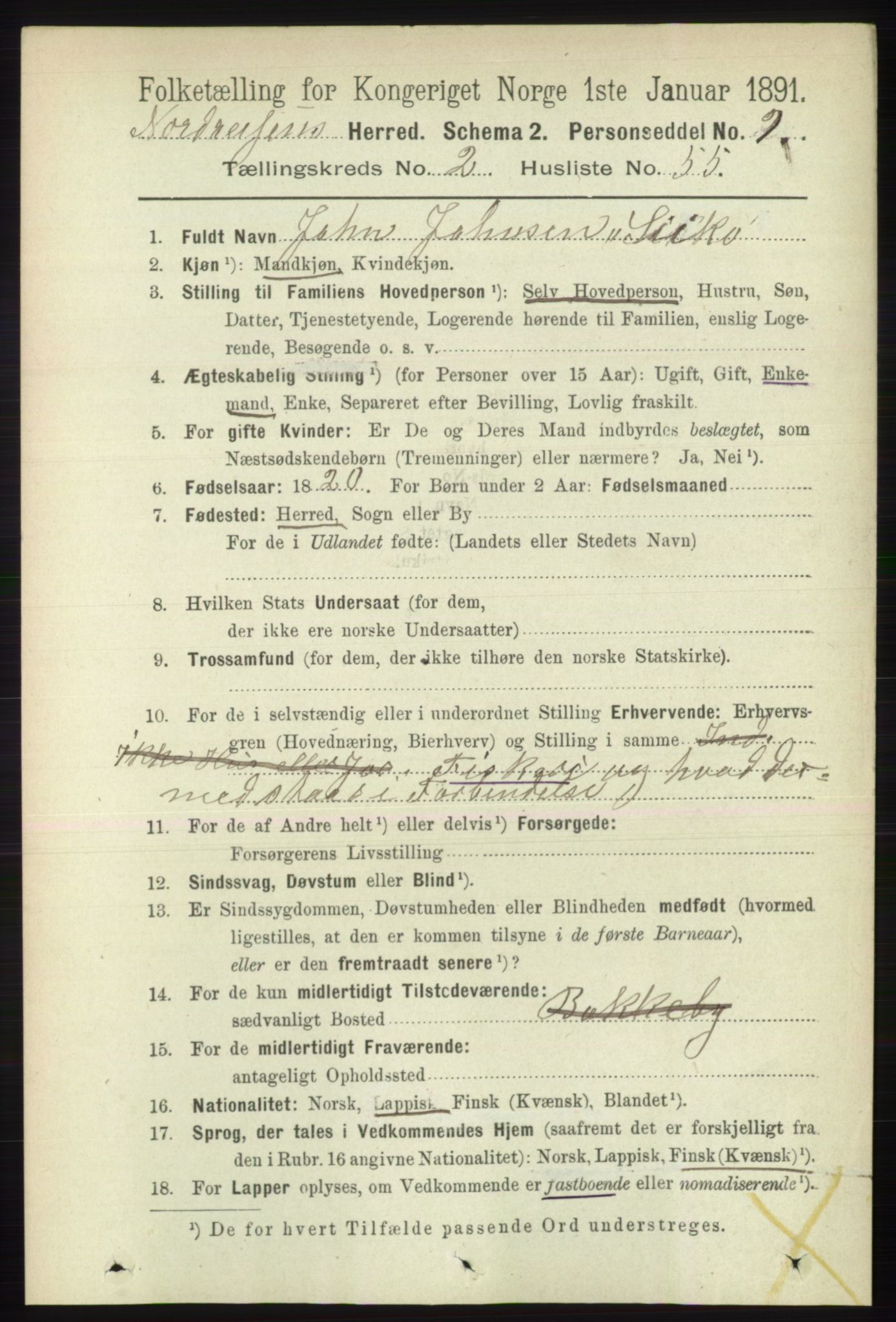 RA, 1891 census for 1942 Nordreisa, 1891, p. 1190