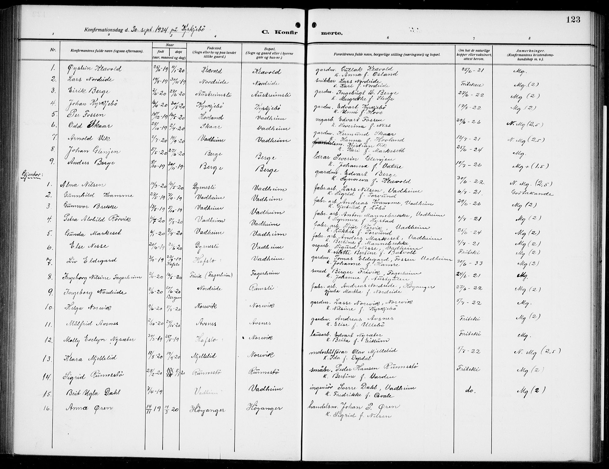Lavik sokneprestembete, AV/SAB-A-80901: Parish register (copy) no. B 4, 1914-1937, p. 123