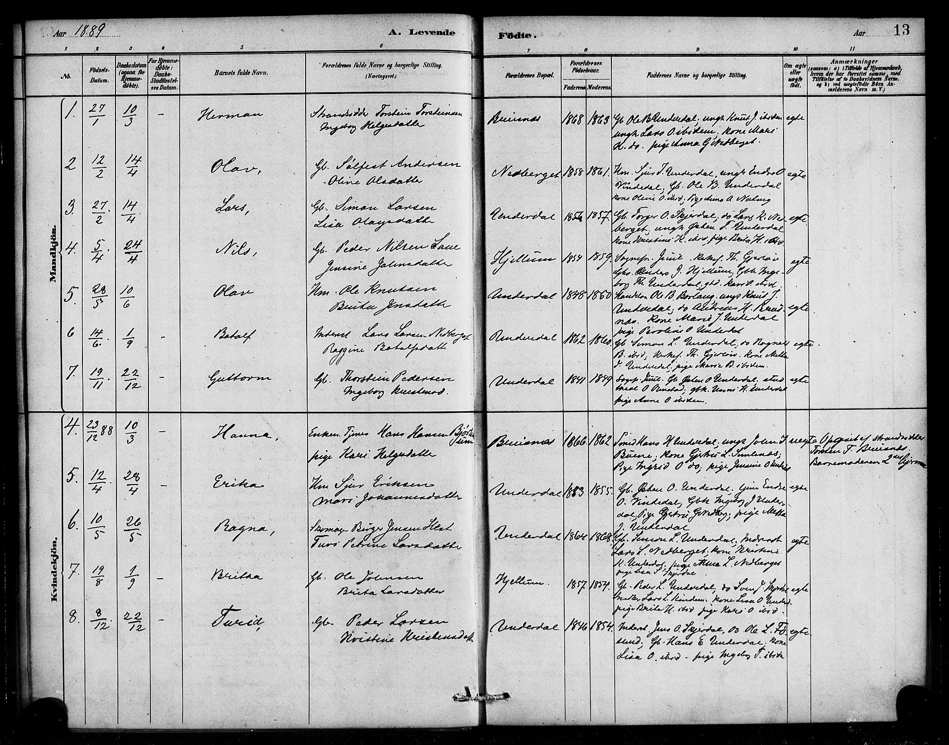 Aurland sokneprestembete, SAB/A-99937/H/Ha/Hae/L0001: Parish register (official) no. E 1, 1880-1907, p. 13