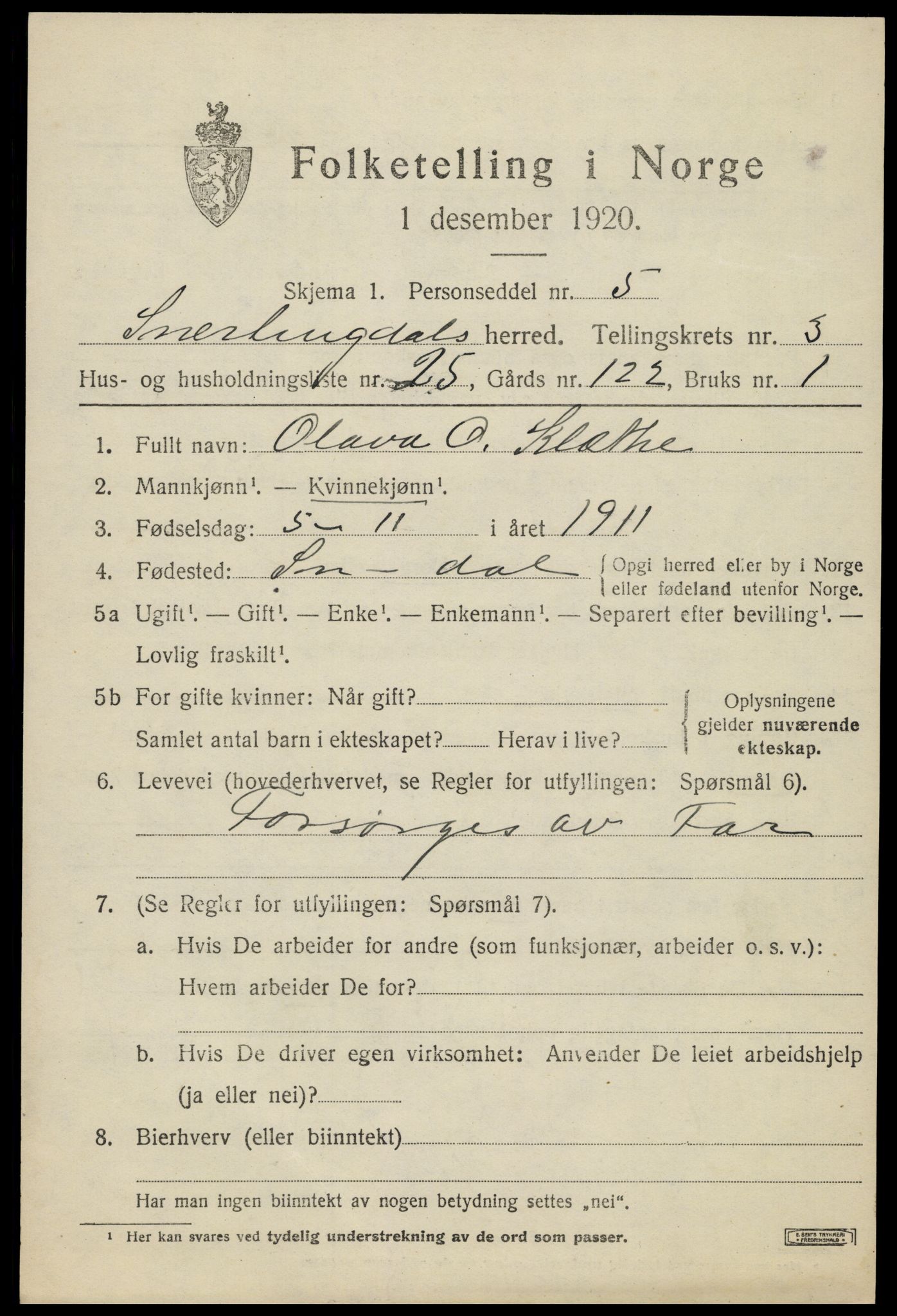 SAH, 1920 census for Snertingdal, 1920, p. 2937