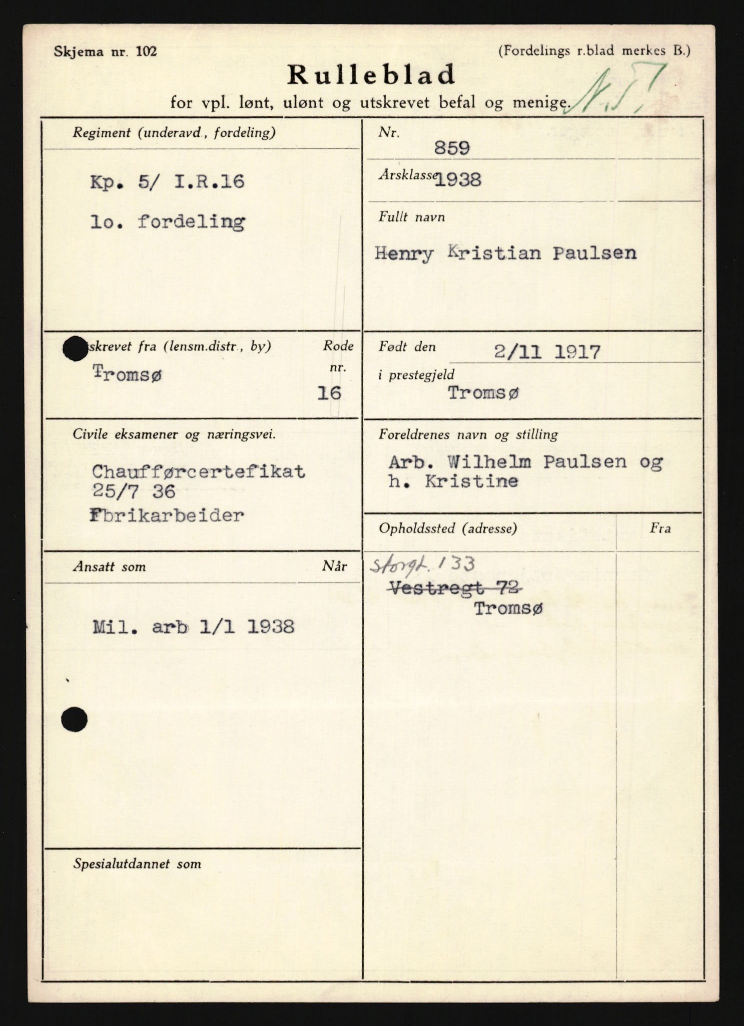 Forsvaret, Troms infanteriregiment nr. 16, AV/RA-RAFA-3146/P/Pa/L0022: Rulleblad for regimentets menige mannskaper, årsklasse 1938, 1938, p. 1301