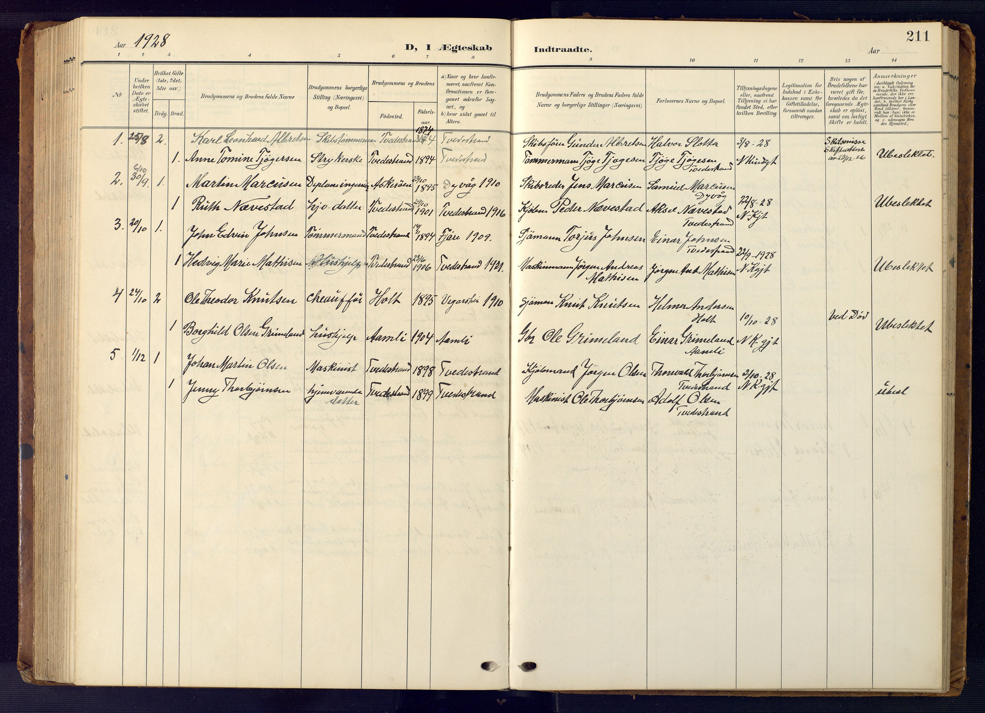Tvedestrand sokneprestkontor, SAK/1111-0042/F/Fb/L0001: Parish register (copy) no. B 1, 1902-1956, p. 211
