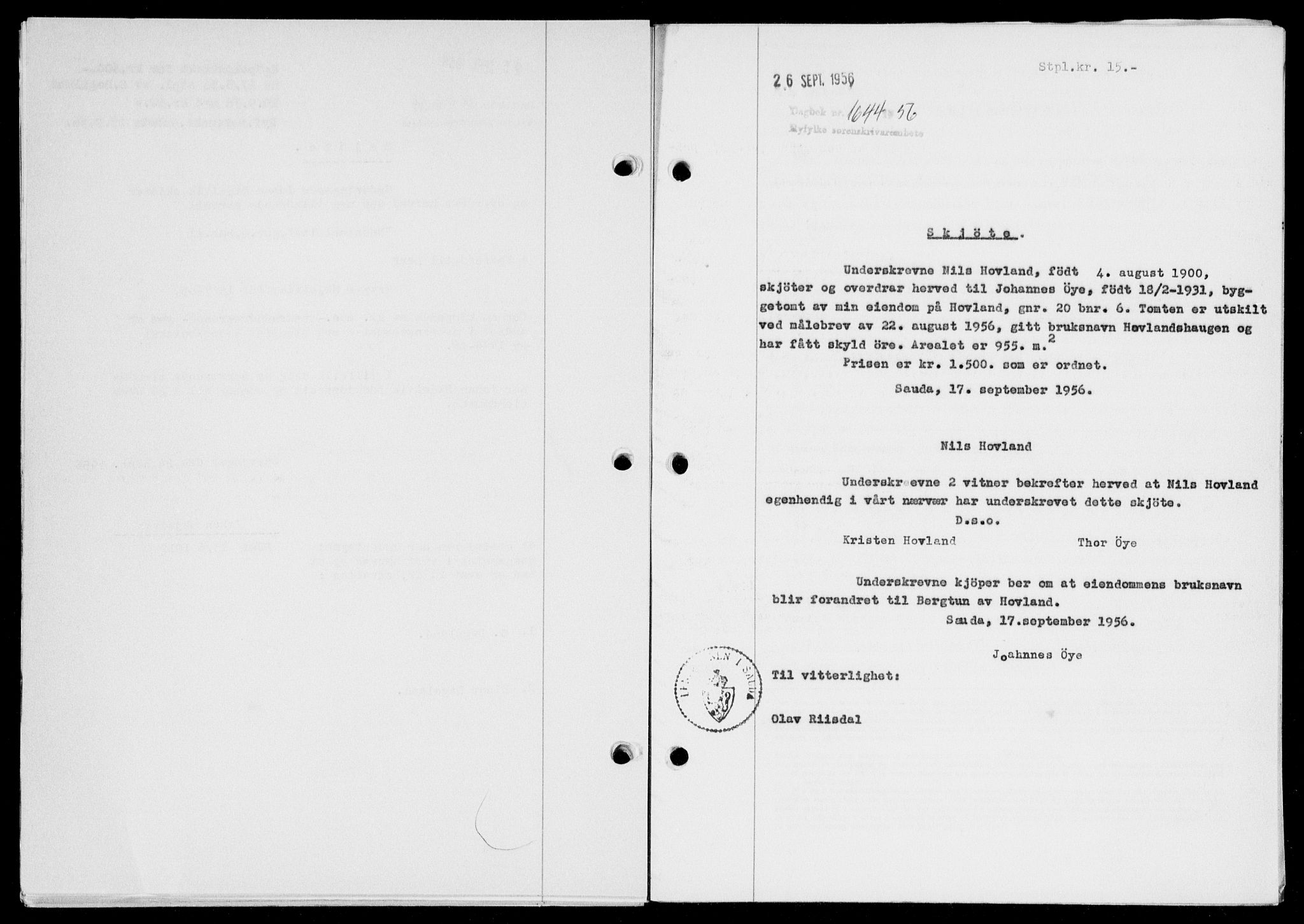 Ryfylke tingrett, AV/SAST-A-100055/001/II/IIB/L0134: Mortgage book no. 113, 1956-1956, Diary no: : 1644/1956