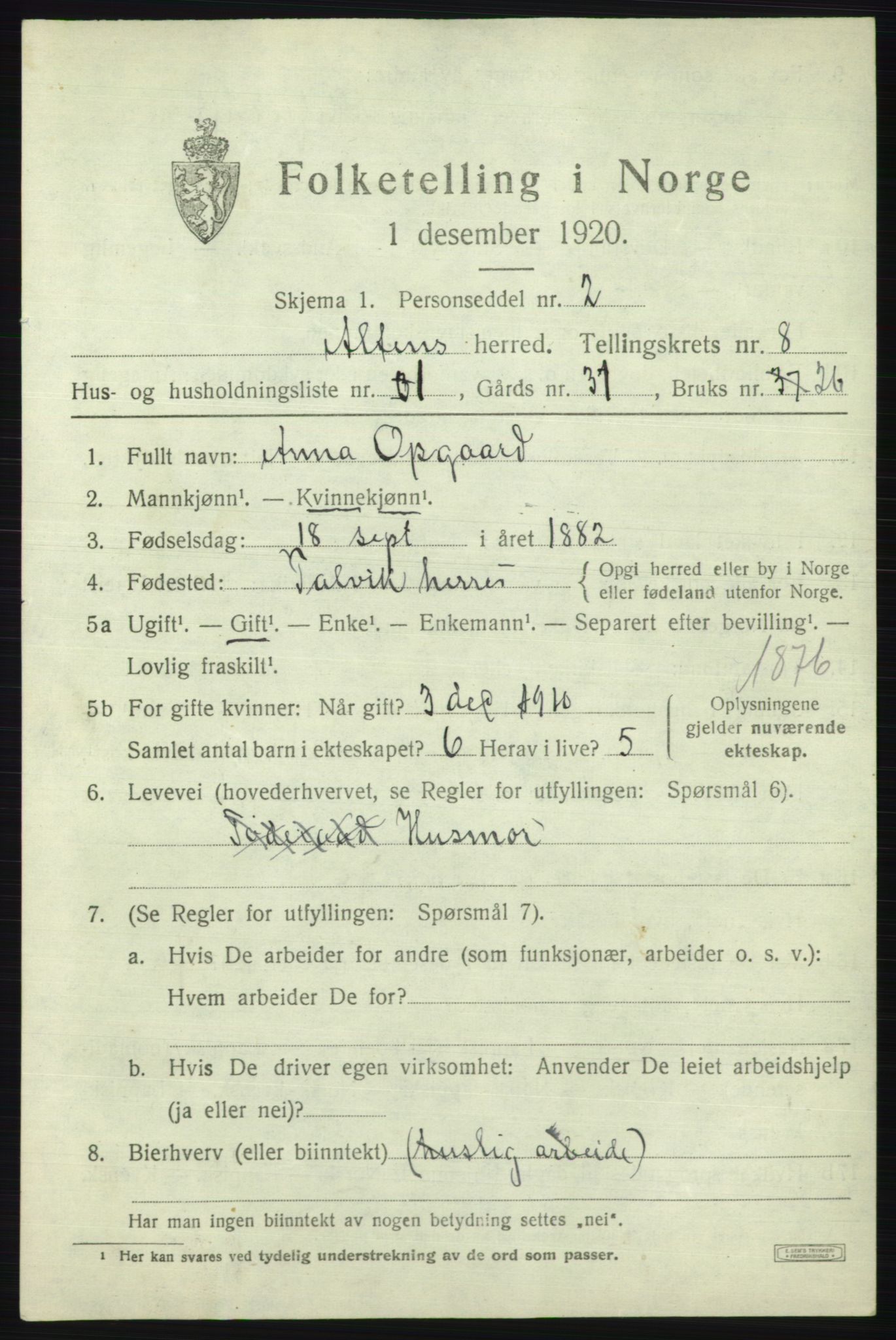 SATØ, 1920 census for Alta, 1920, p. 6049