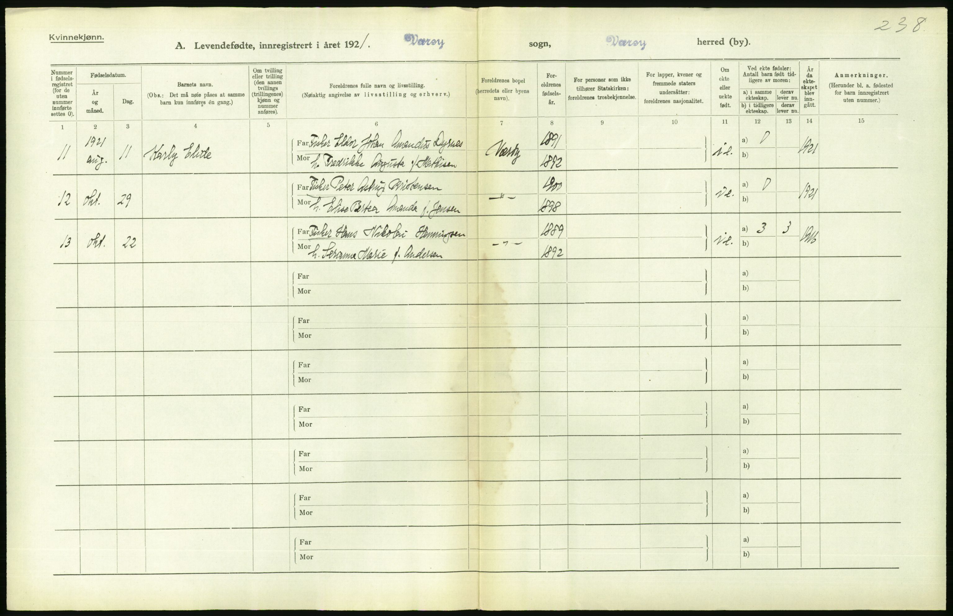 Statistisk sentralbyrå, Sosiodemografiske emner, Befolkning, RA/S-2228/D/Df/Dfc/Dfca/L0049: Nordland fylke: Levendefødte menn og kvinner. Bygder., 1921, p. 368