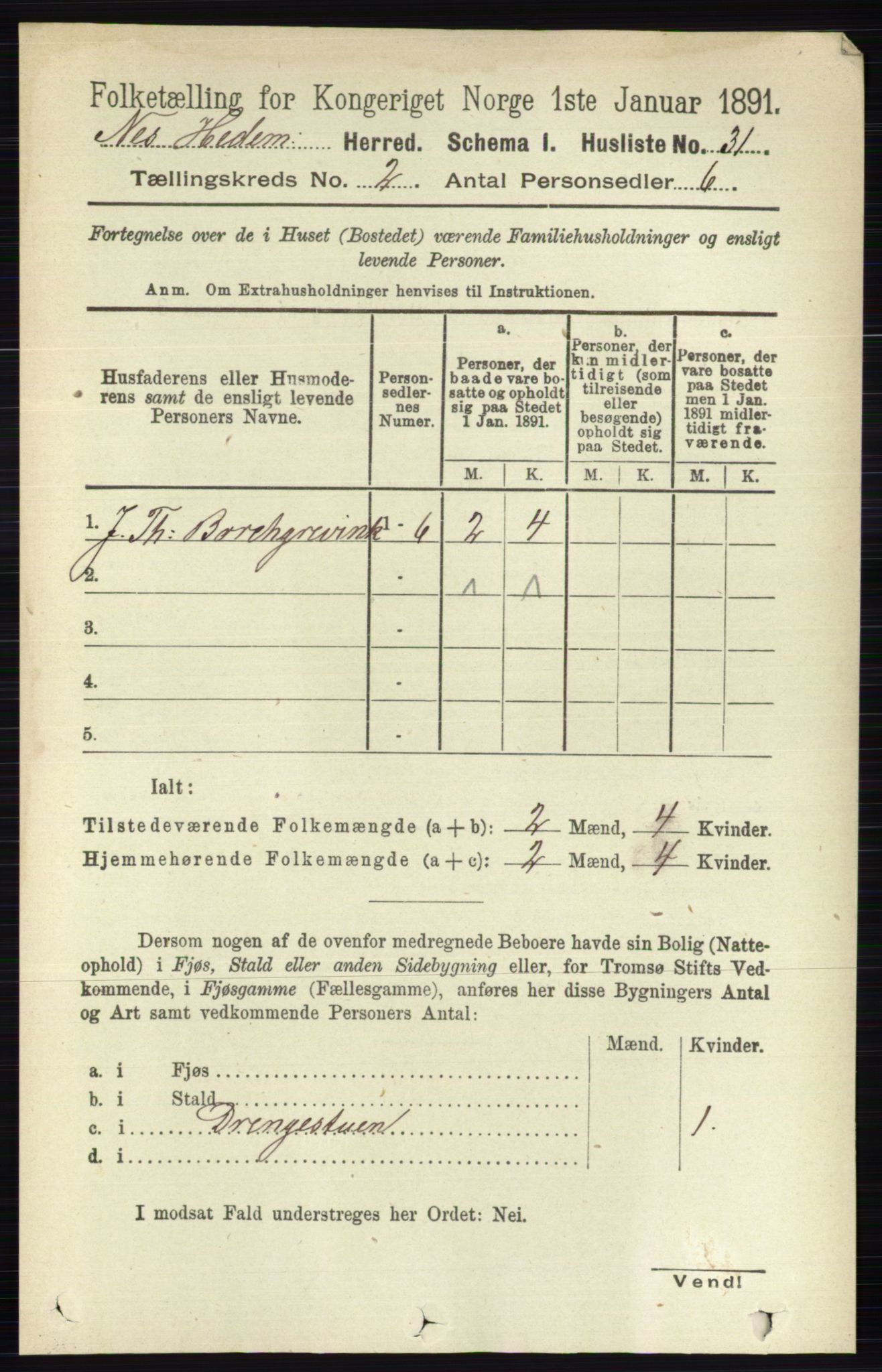 RA, 1891 census for 0411 Nes, 1891, p. 1035