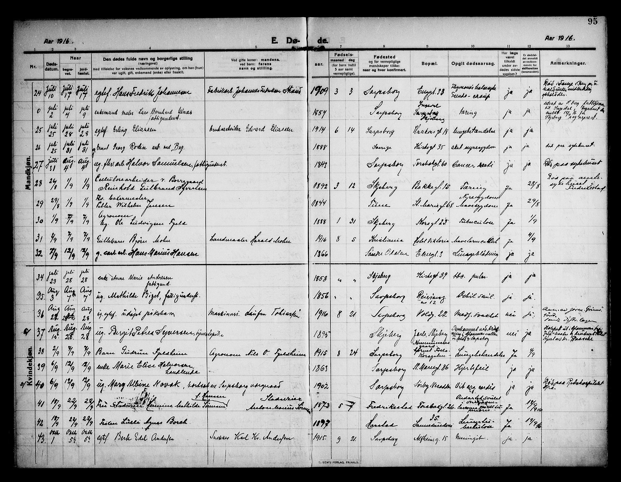 Sarpsborg prestekontor Kirkebøker, AV/SAO-A-2006/F/Fa/L0007: Parish register (official) no. 7, 1910-1918, p. 95