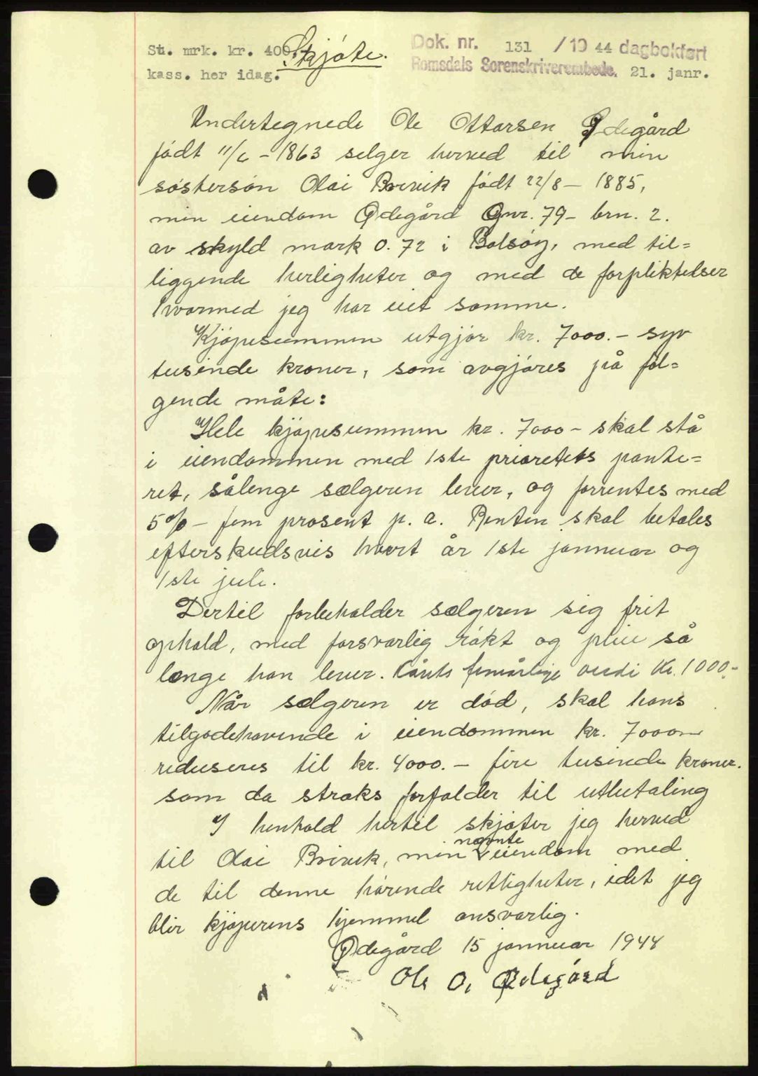 Romsdal sorenskriveri, SAT/A-4149/1/2/2C: Mortgage book no. A15, 1943-1944, Diary no: : 131/1944