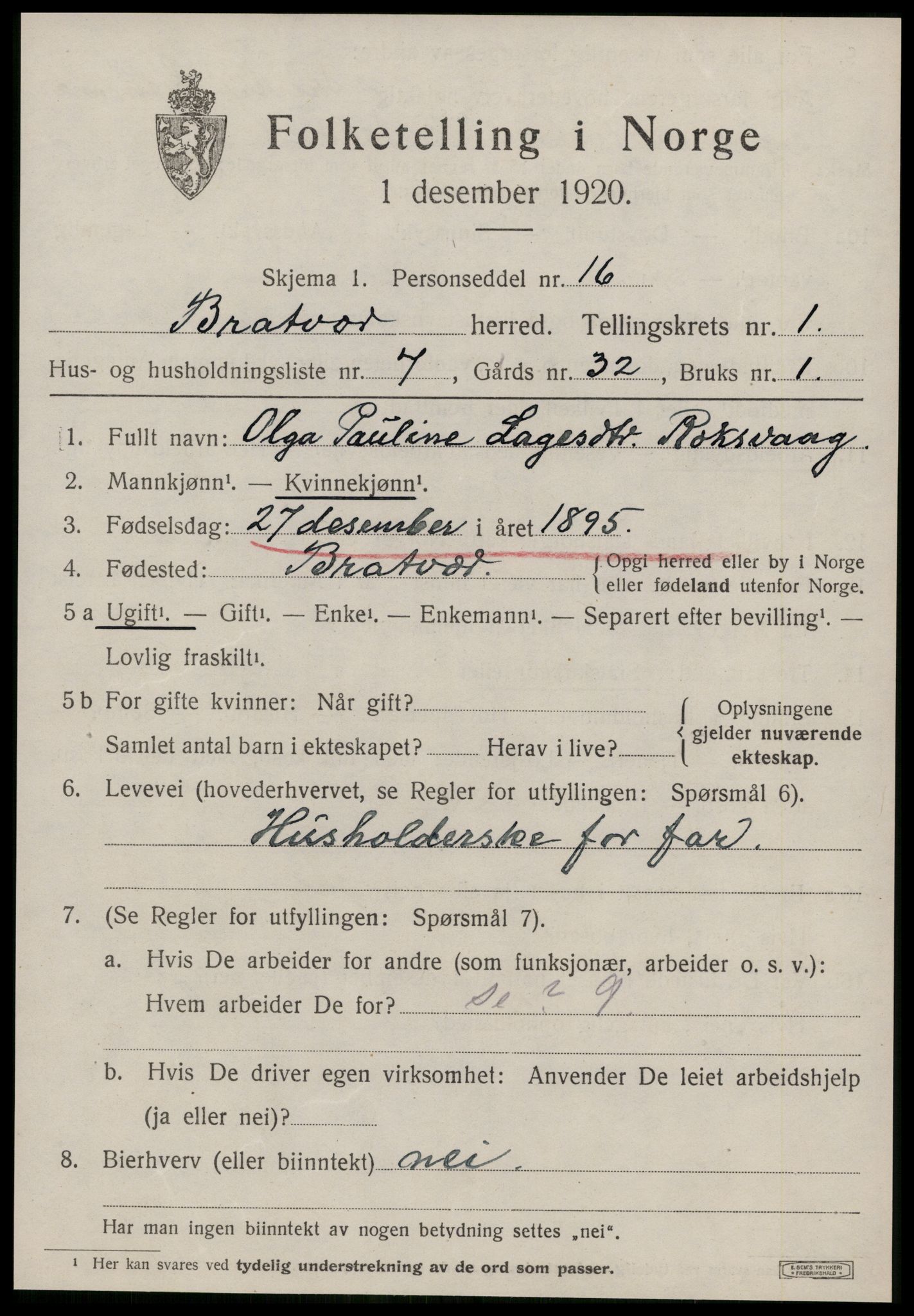 SAT, 1920 census for Brattvær, 1920, p. 654