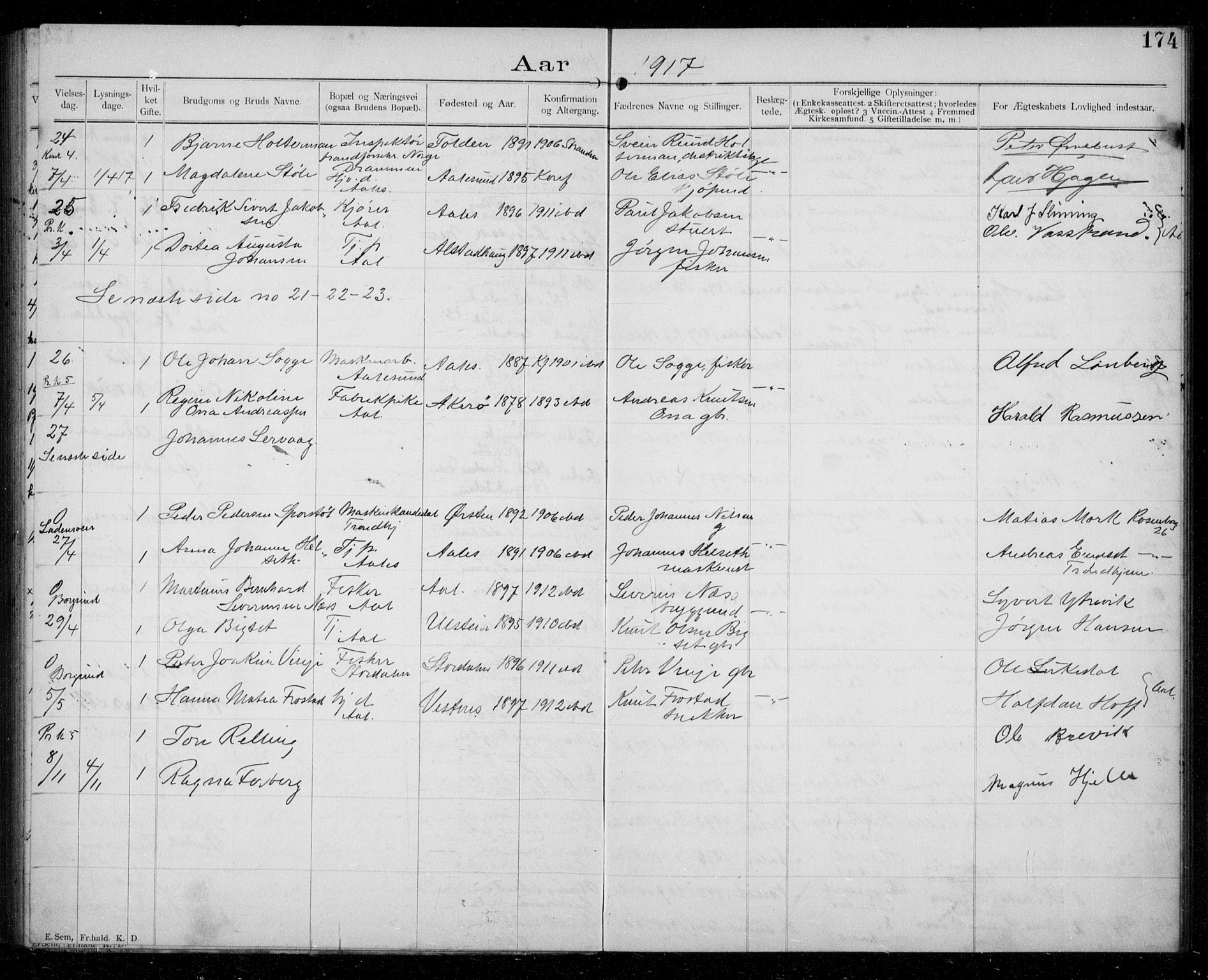 Ministerialprotokoller, klokkerbøker og fødselsregistre - Møre og Romsdal, AV/SAT-A-1454/529/L0458: Banns register no. 529A08, 1901-1918, p. 174