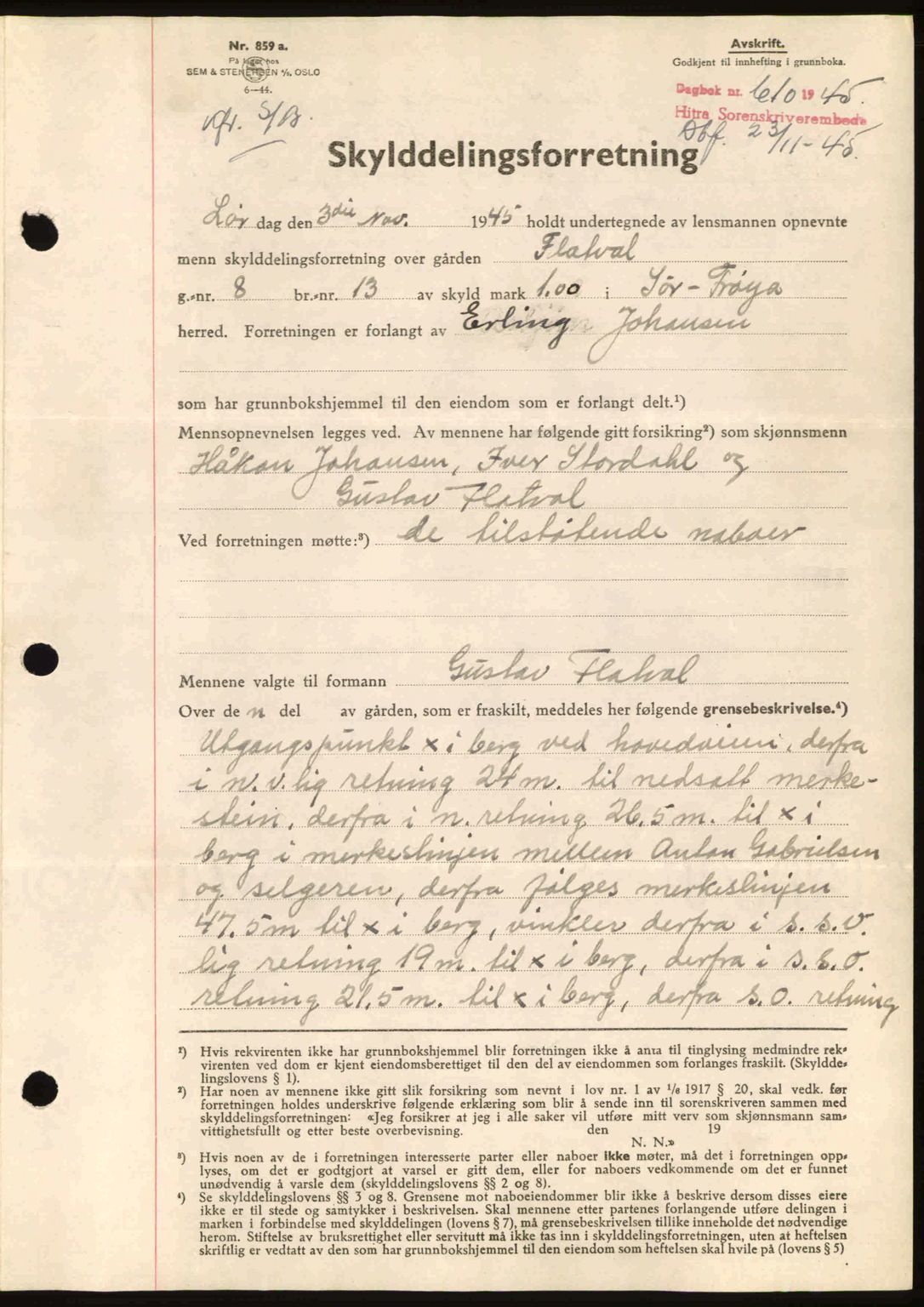 Hitra sorenskriveri, AV/SAT-A-0018/2/2C/2Ca: Mortgage book no. A2, 1943-1945, Diary no: : 610/1945