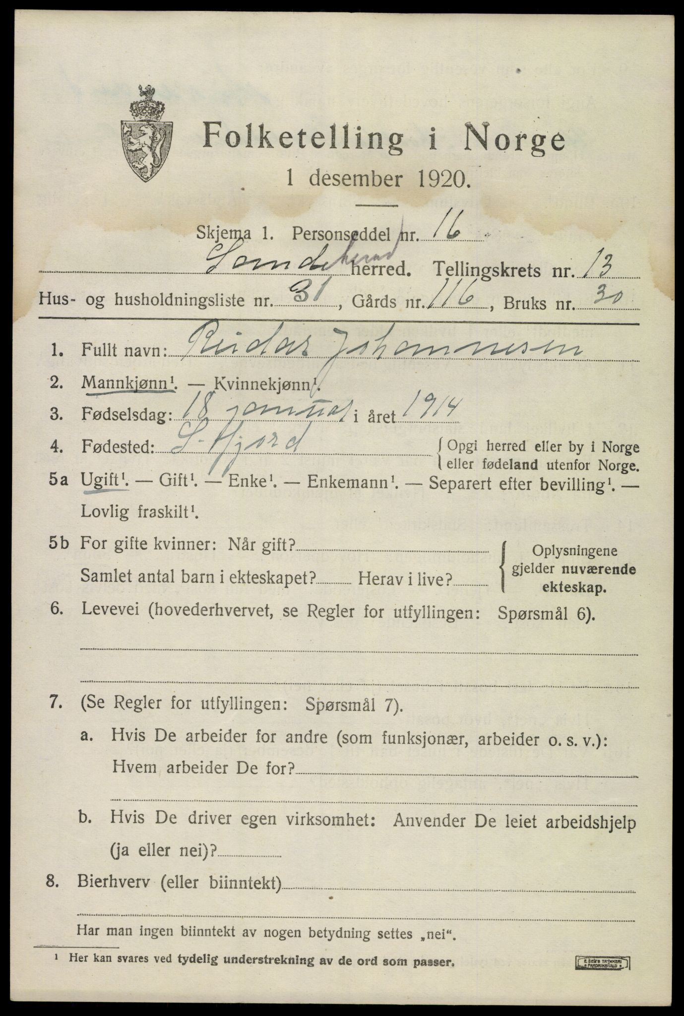SAKO, 1920 census for Sandeherred, 1920, p. 19654