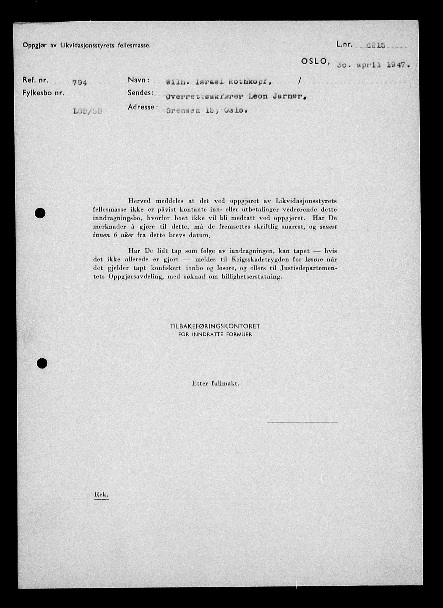 Justisdepartementet, Tilbakeføringskontoret for inndratte formuer, RA/S-1564/H/Hc/Hcc/L0974: --, 1945-1947, p. 303