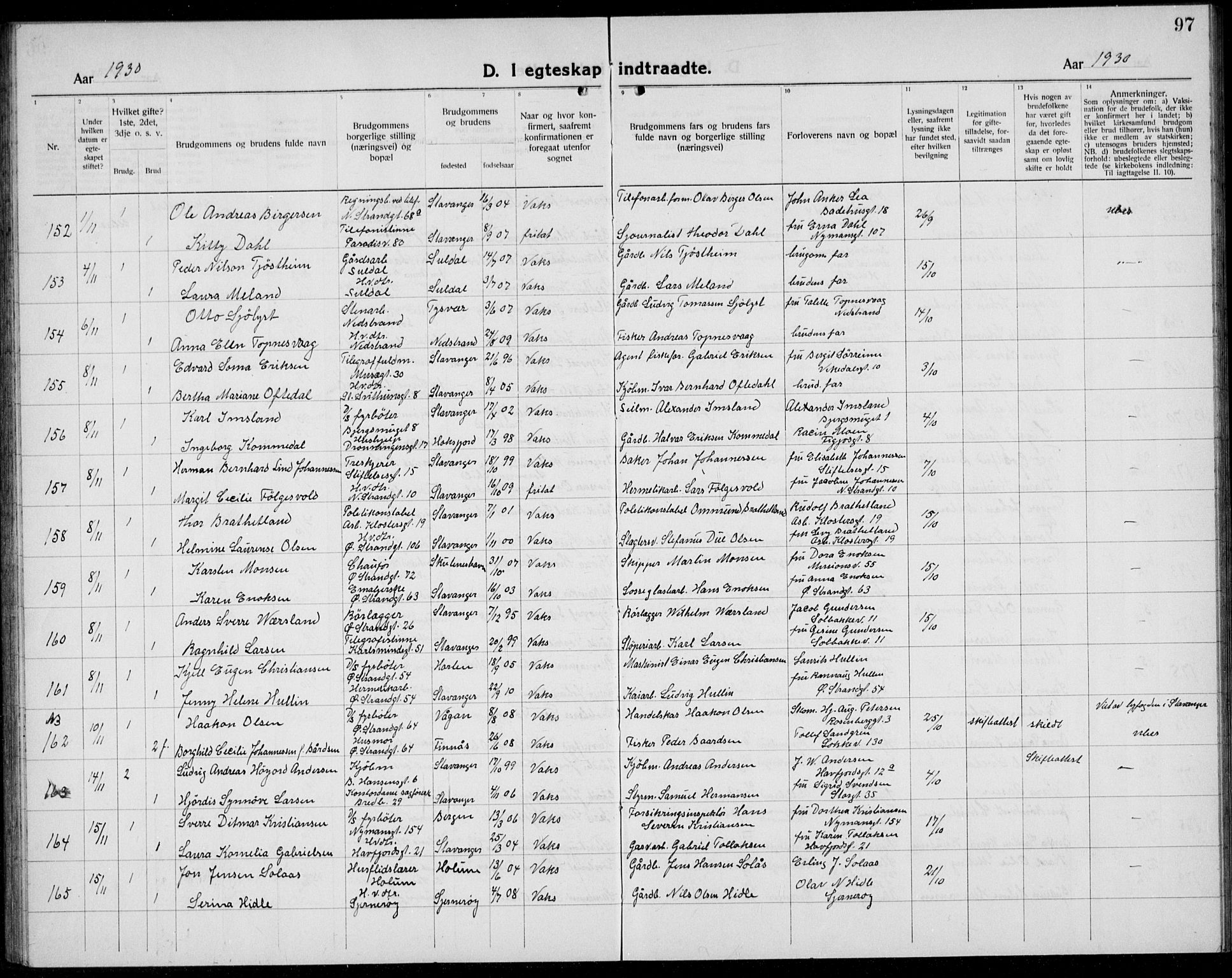 Domkirken sokneprestkontor, AV/SAST-A-101812/001/30/30BB/L0020: Parish register (copy) no. B 20, 1921-1937, p. 97