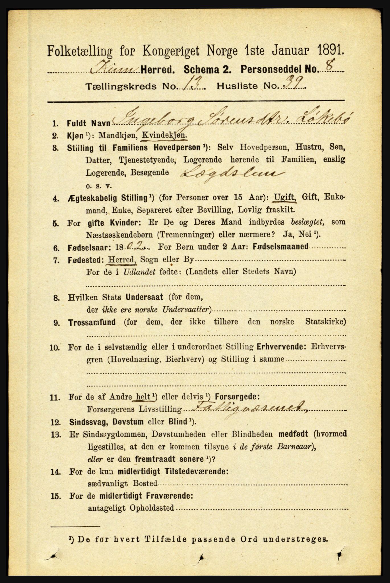RA, 1891 census for 1437 Kinn, 1891, p. 5330