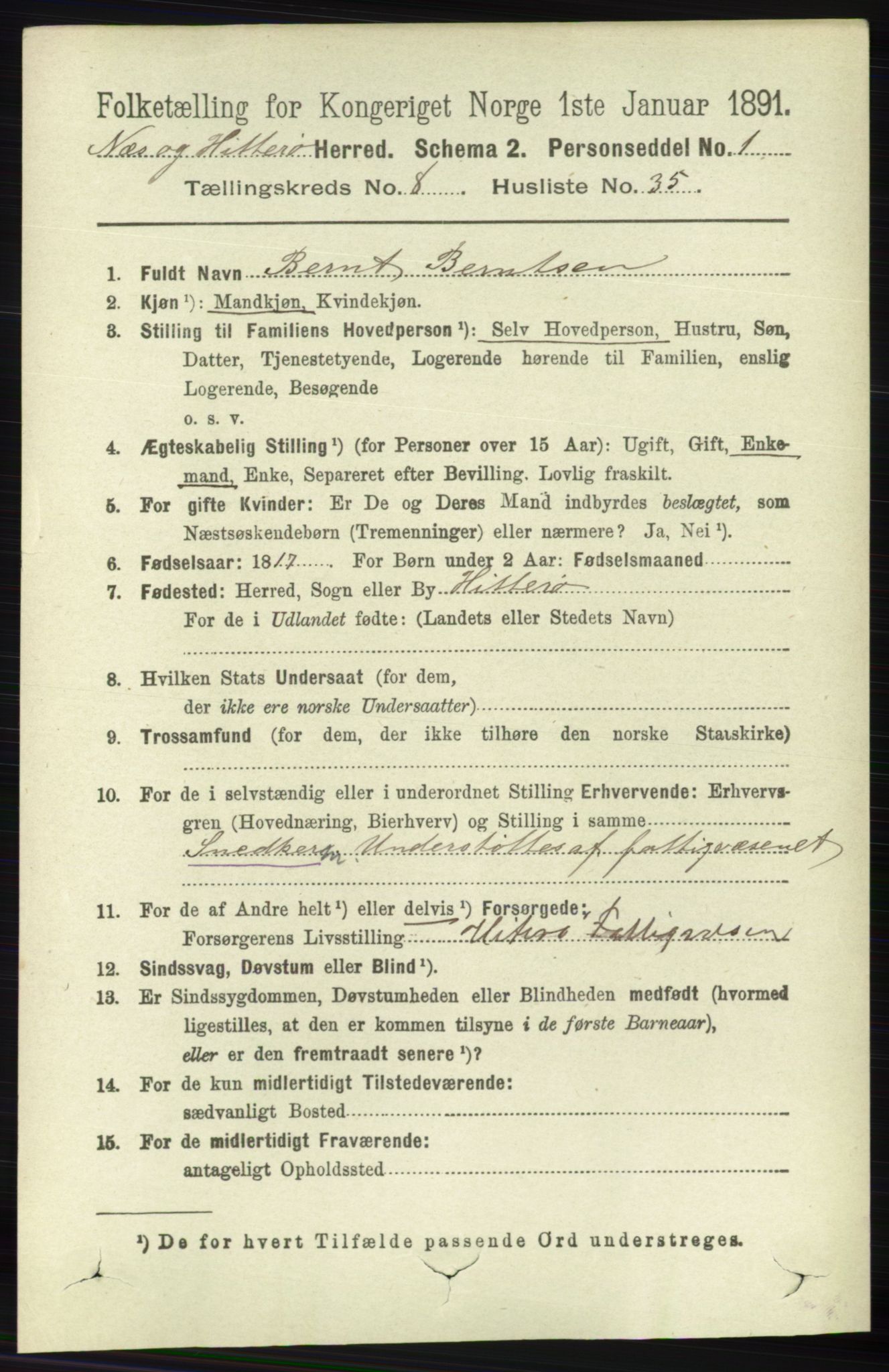 RA, 1891 census for 1043 Hidra og Nes, 1891, p. 3501