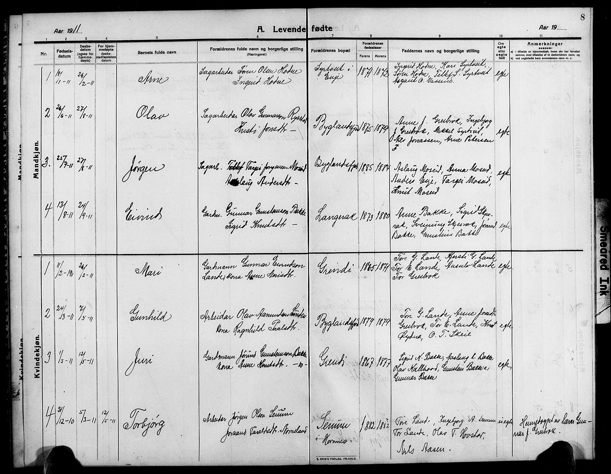 Bygland sokneprestkontor, SAK/1111-0006/F/Fb/Fbd/L0003: Parish register (copy) no. B 3, 1910-1926, p. 8