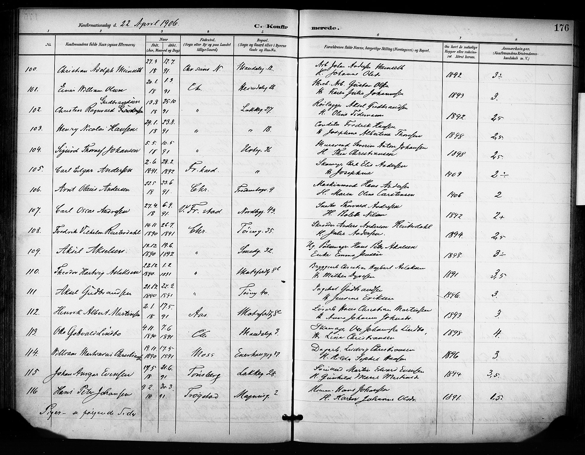 Grønland prestekontor Kirkebøker, SAO/A-10848/F/Fa/L0015: Parish register (official) no. 15, 1899-1919, p. 176