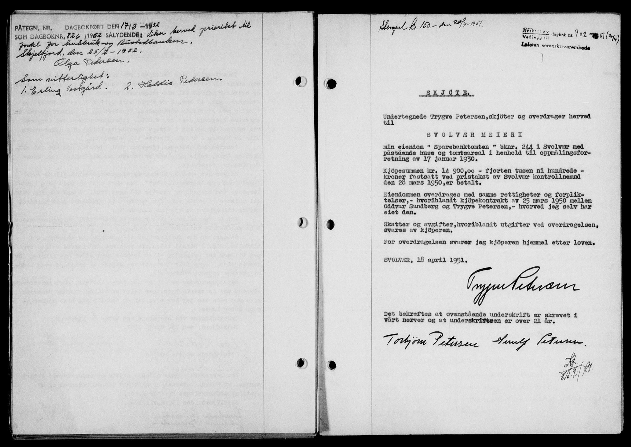 Lofoten sorenskriveri, SAT/A-0017/1/2/2C/L0025a: Mortgage book no. 25a, 1950-1951, Diary no: : 826/1951