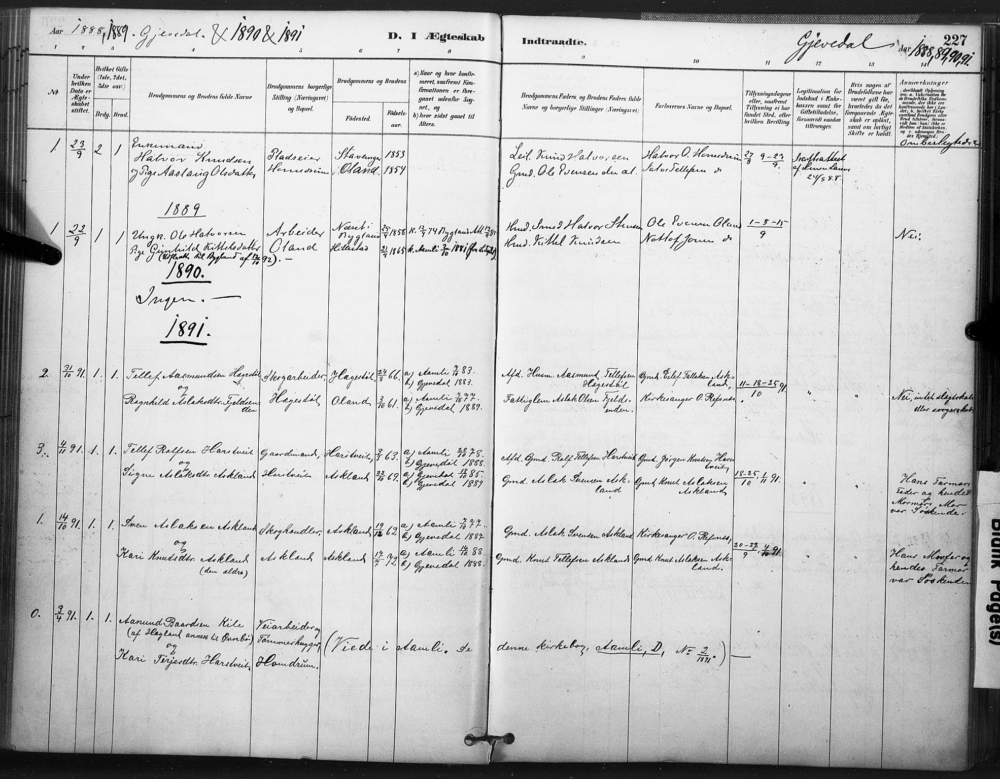 Åmli sokneprestkontor, SAK/1111-0050/F/Fa/Fac/L0010: Parish register (official) no. A 10 /2, 1885-1899, p. 227