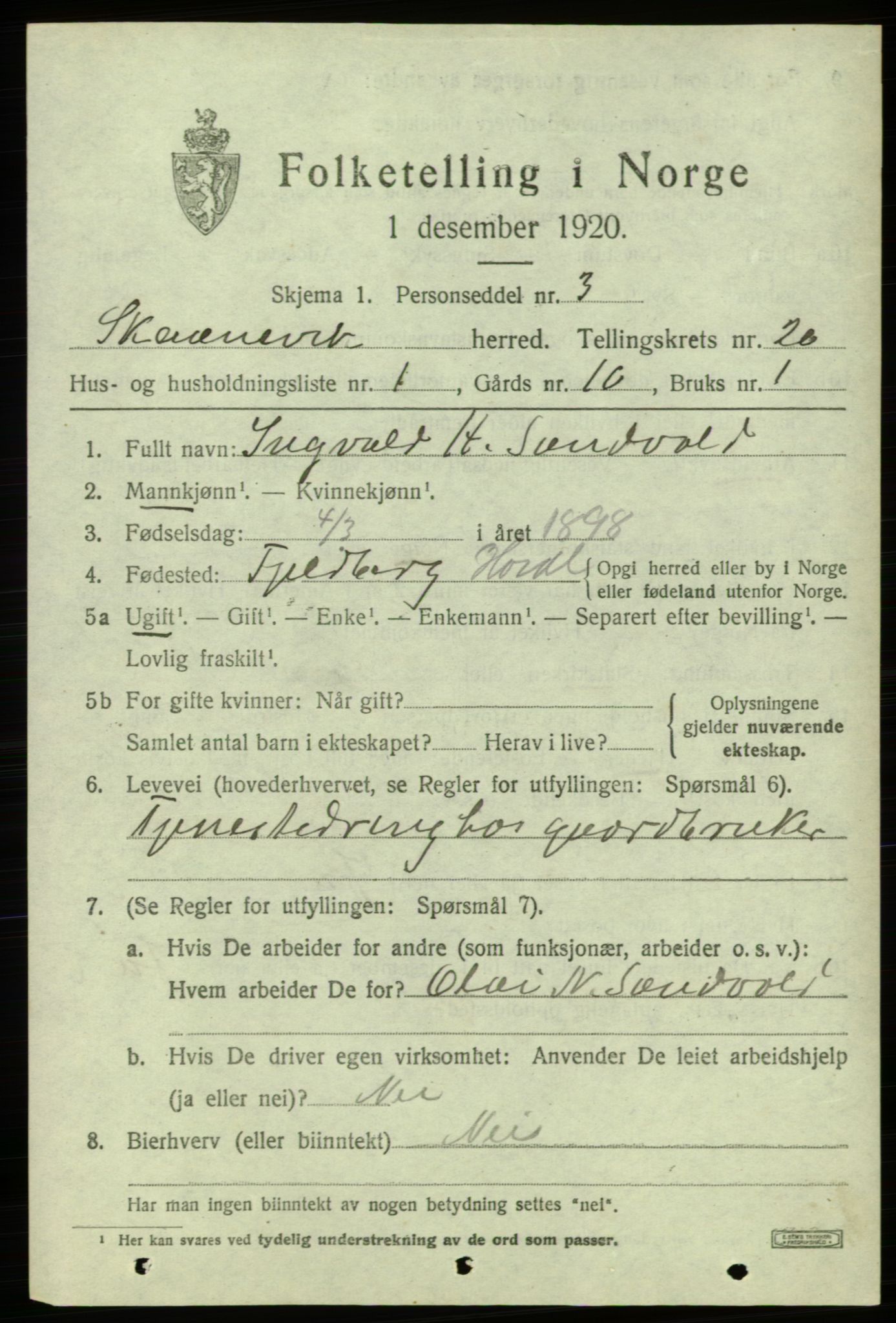 SAB, 1920 census for Skånevik, 1920, p. 7433