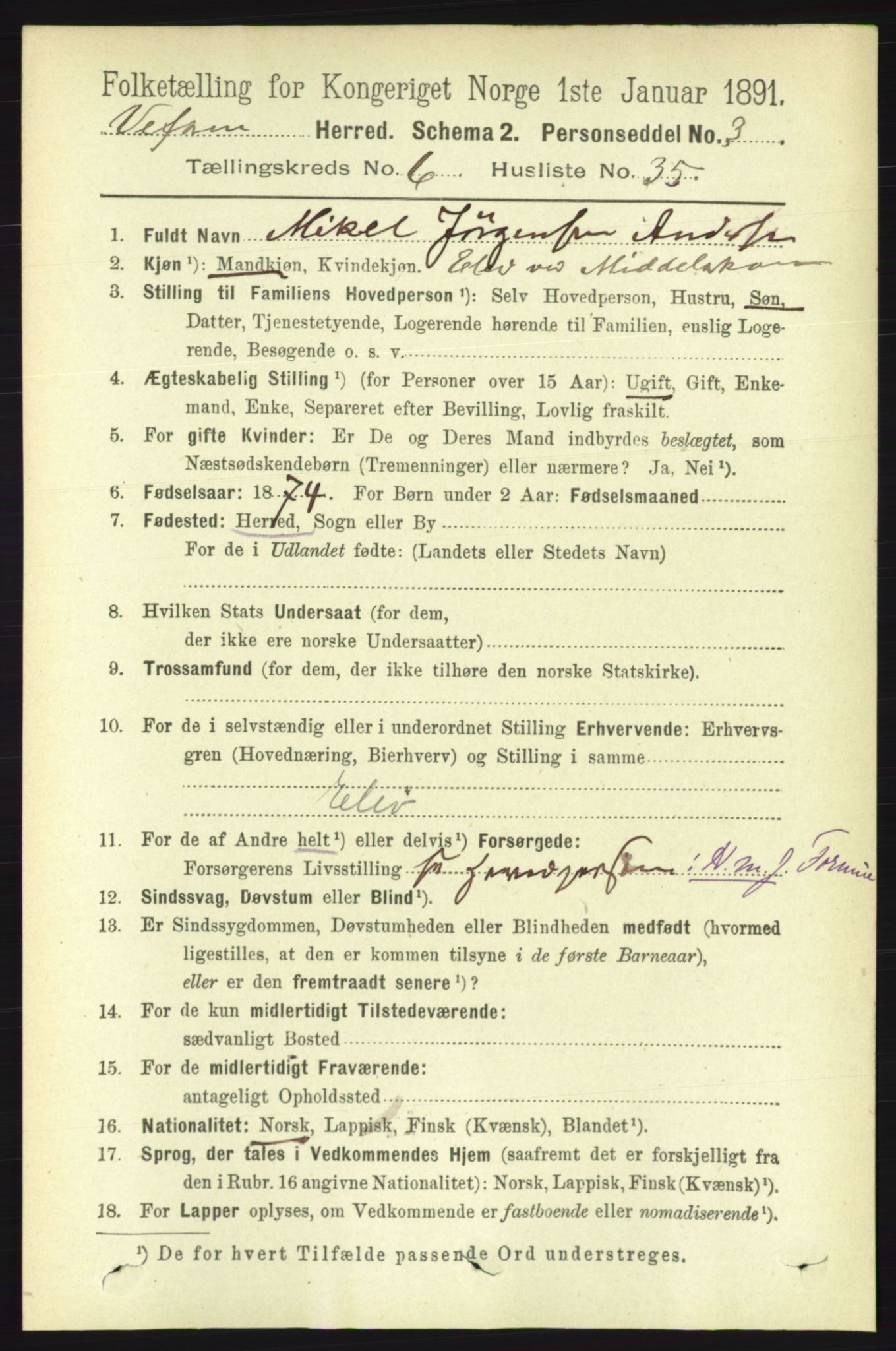 RA, 1891 census for 1824 Vefsn, 1891, p. 3014