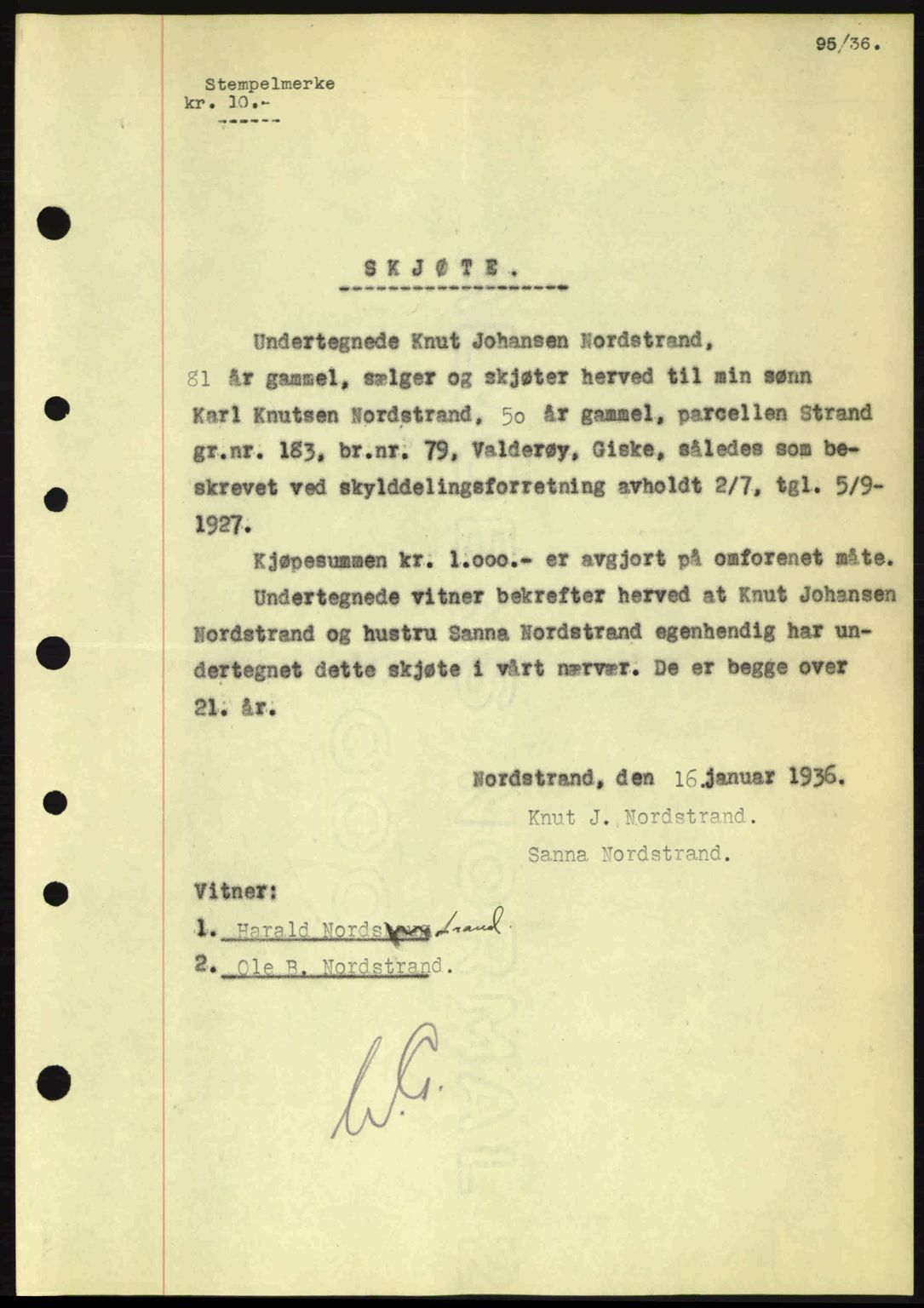 Nordre Sunnmøre sorenskriveri, AV/SAT-A-0006/1/2/2C/2Ca: Mortgage book no. A1, 1936-1936, Diary no: : 95/1936