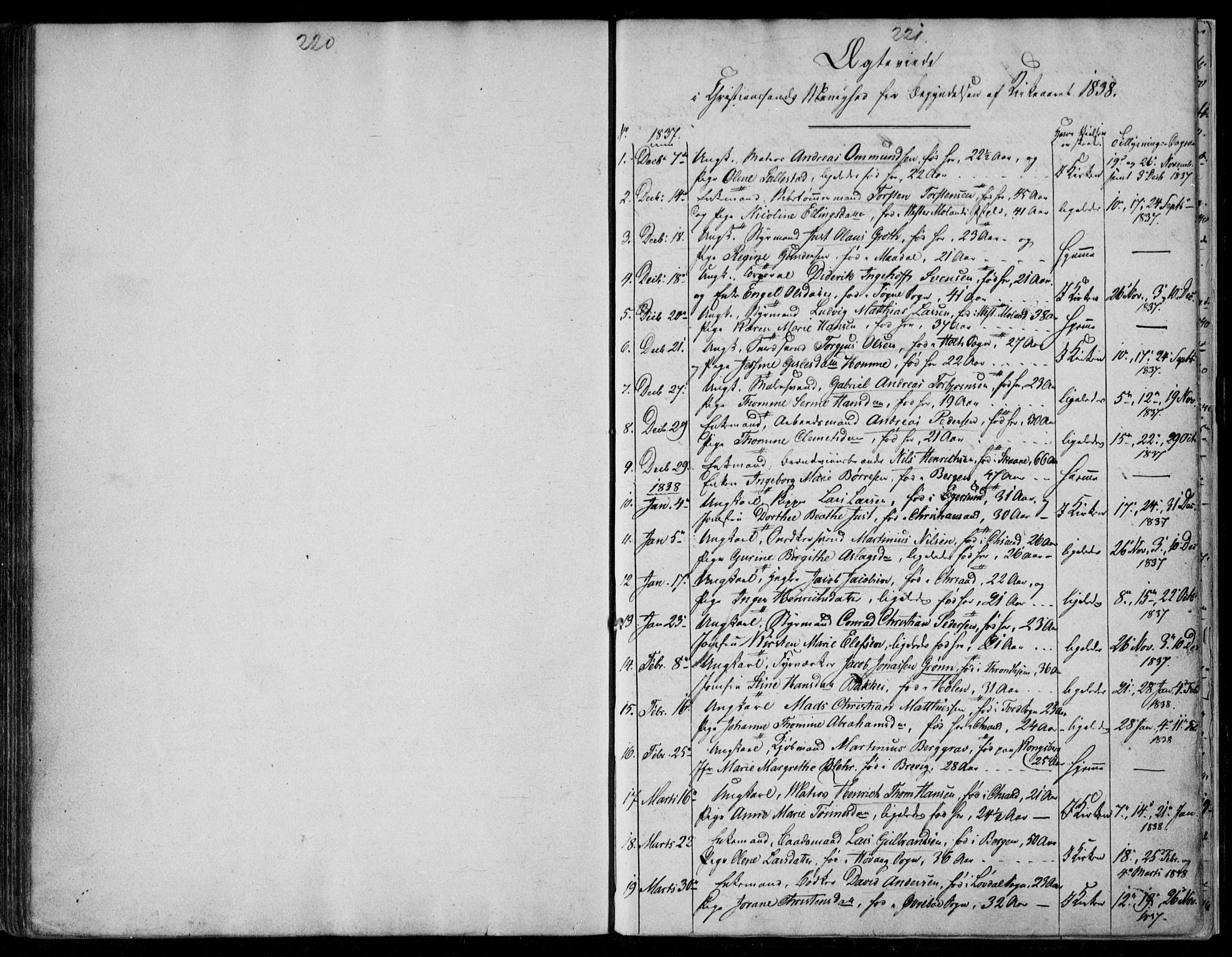 Kristiansand domprosti, SAK/1112-0006/F/Fb/L0009: Parish register (copy) no. B 9, 1838-1843, p. 220-221